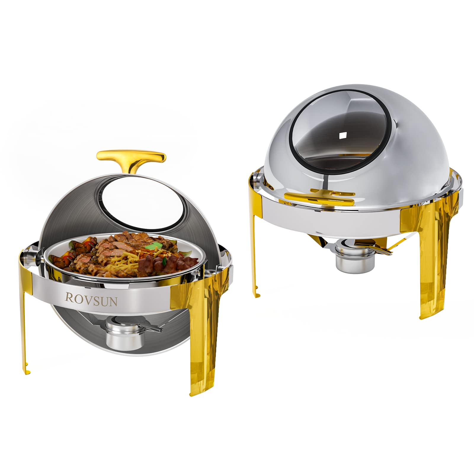ROVSUN 6 QT Roll Top Round Silver Gold Chafing Dish Buffet Set with Visible Window