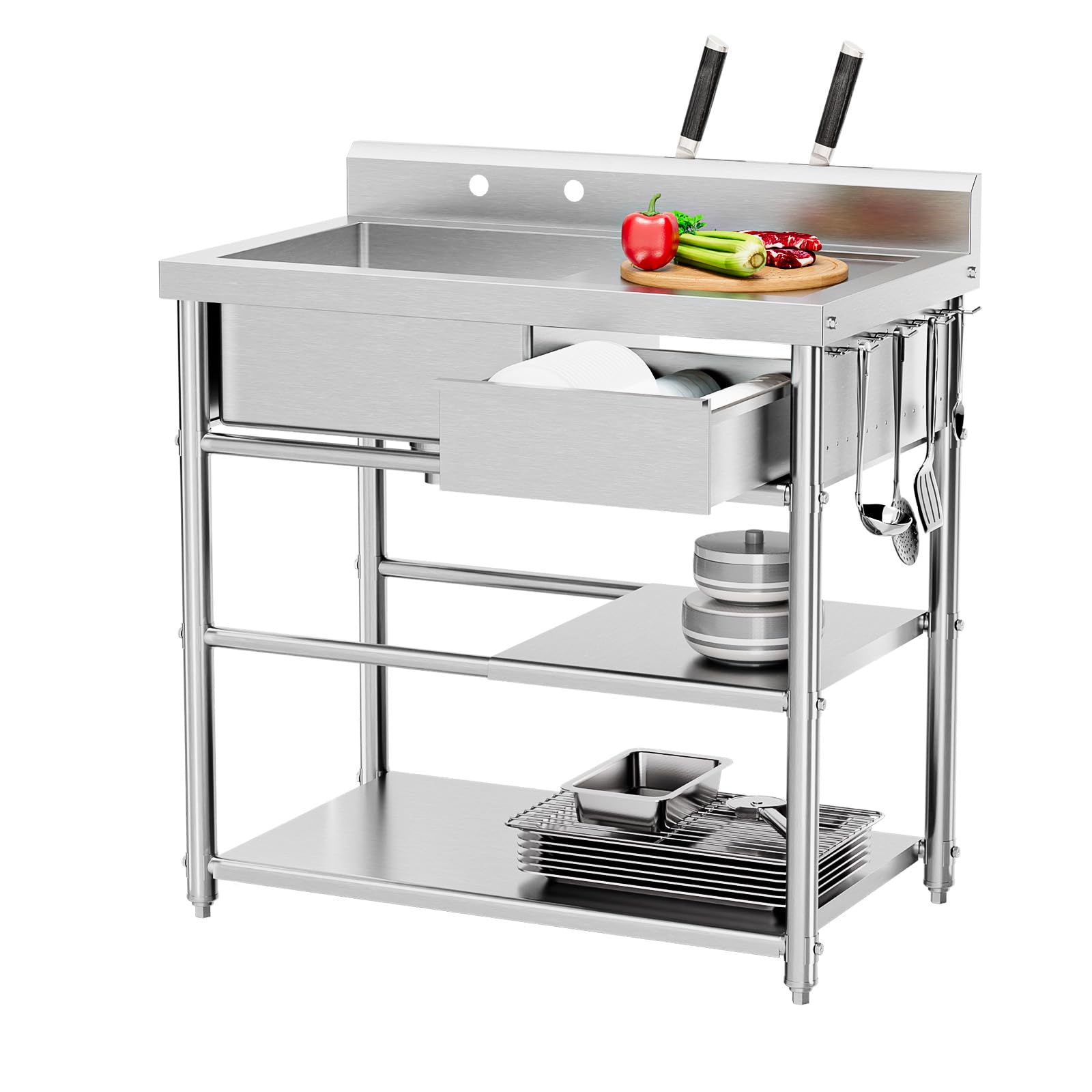 ROVSUN 36" x 21" 1 Compartment Stainless Steel Sink with Storage Drawer