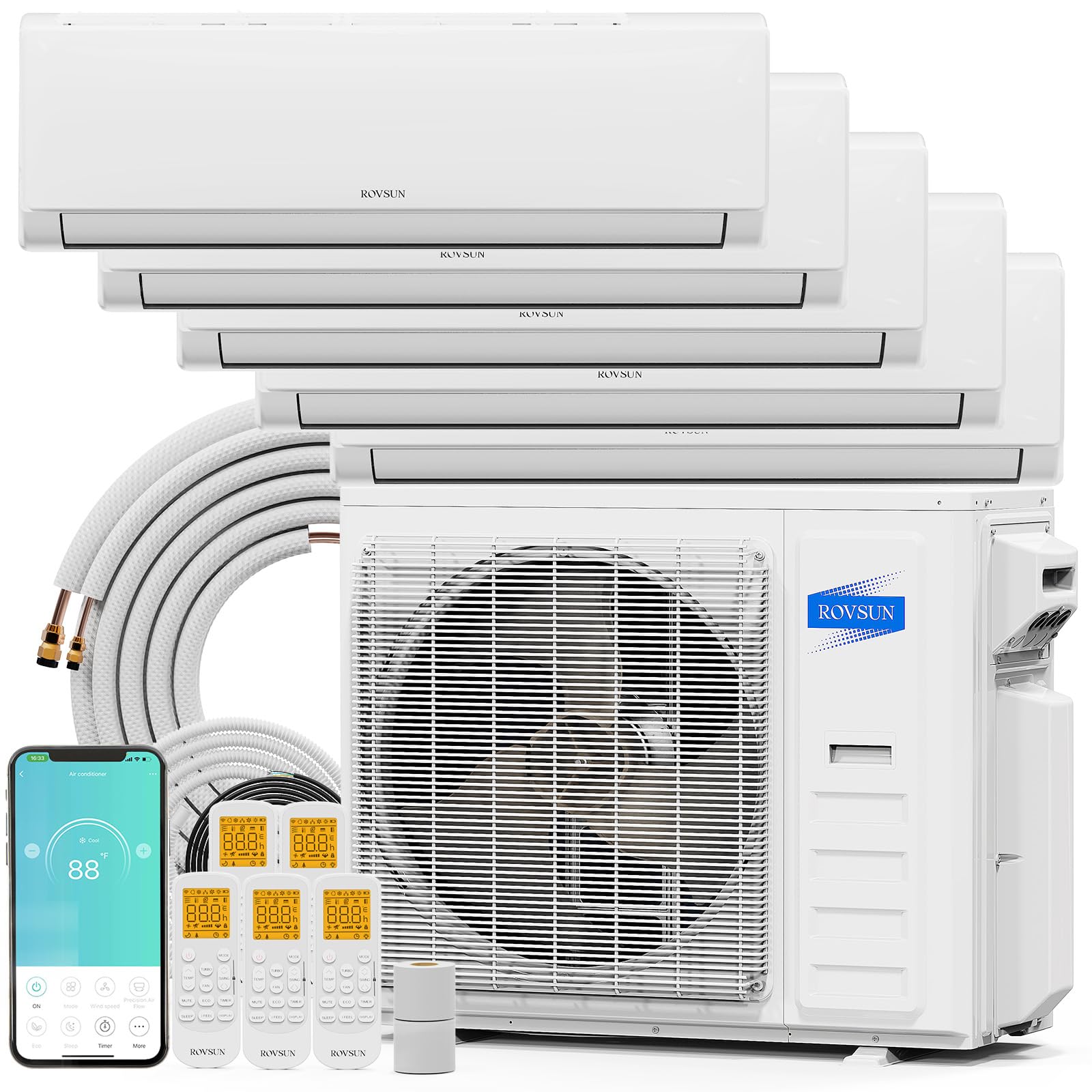 ROVSUN 5 Zone 42000 BTU / (9K + 9K + 9K + 9K + 18K) 20 SEER2 230V Mini Split AC with Heat Pump & 25Ft Kit