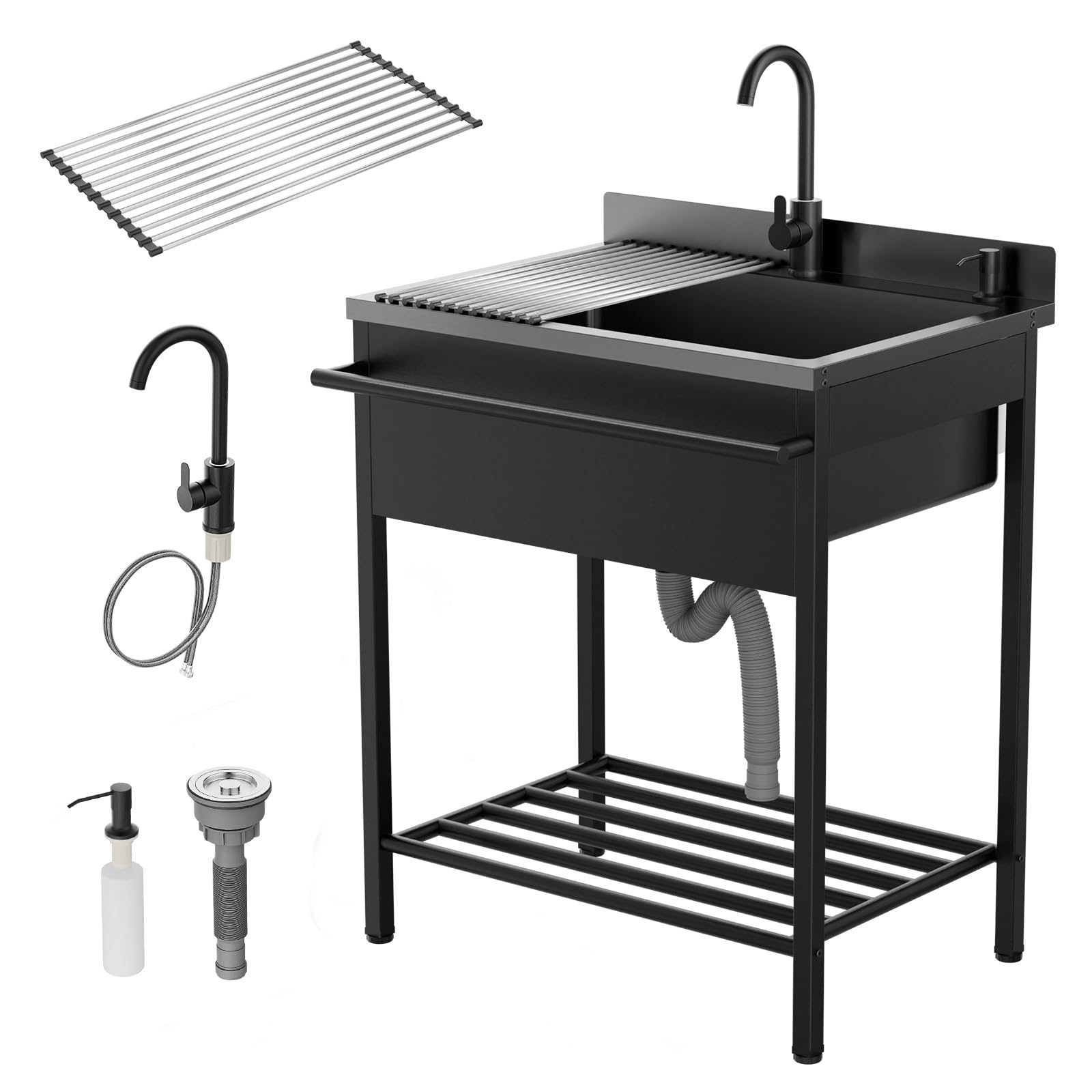 ROVSUN 31" x 22" Stainless Steel Utility Sink with Faucet & Draining Rack