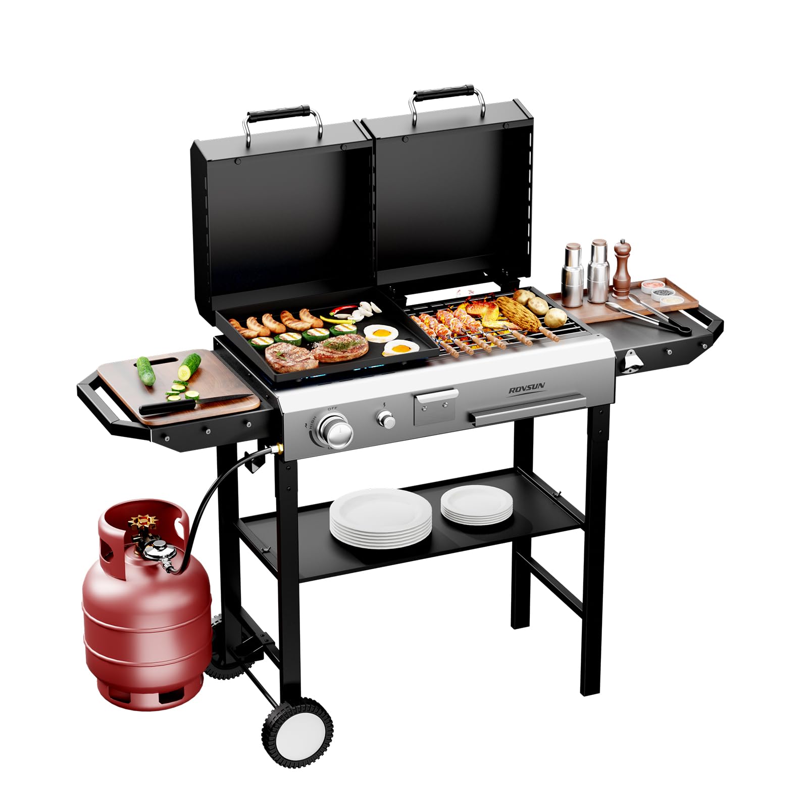 ROVSUN 2-in-1 Propane Grill and Charcoal Grill Combo with Lid