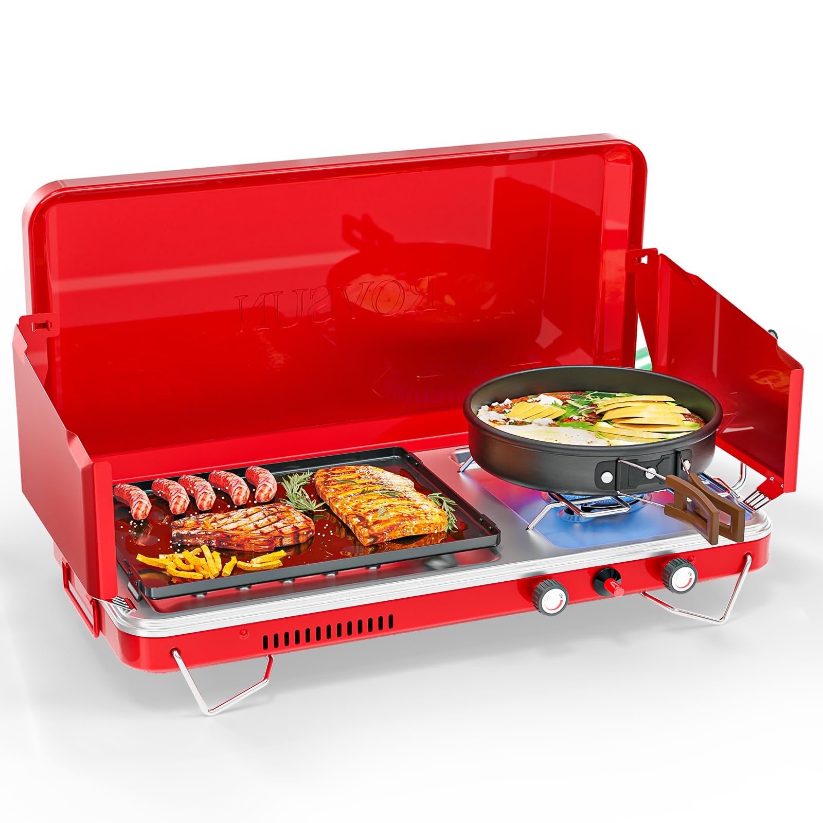 ROVSUN 1-Burner 2-in-1 Portable Camping Stove Propane Griddle Red