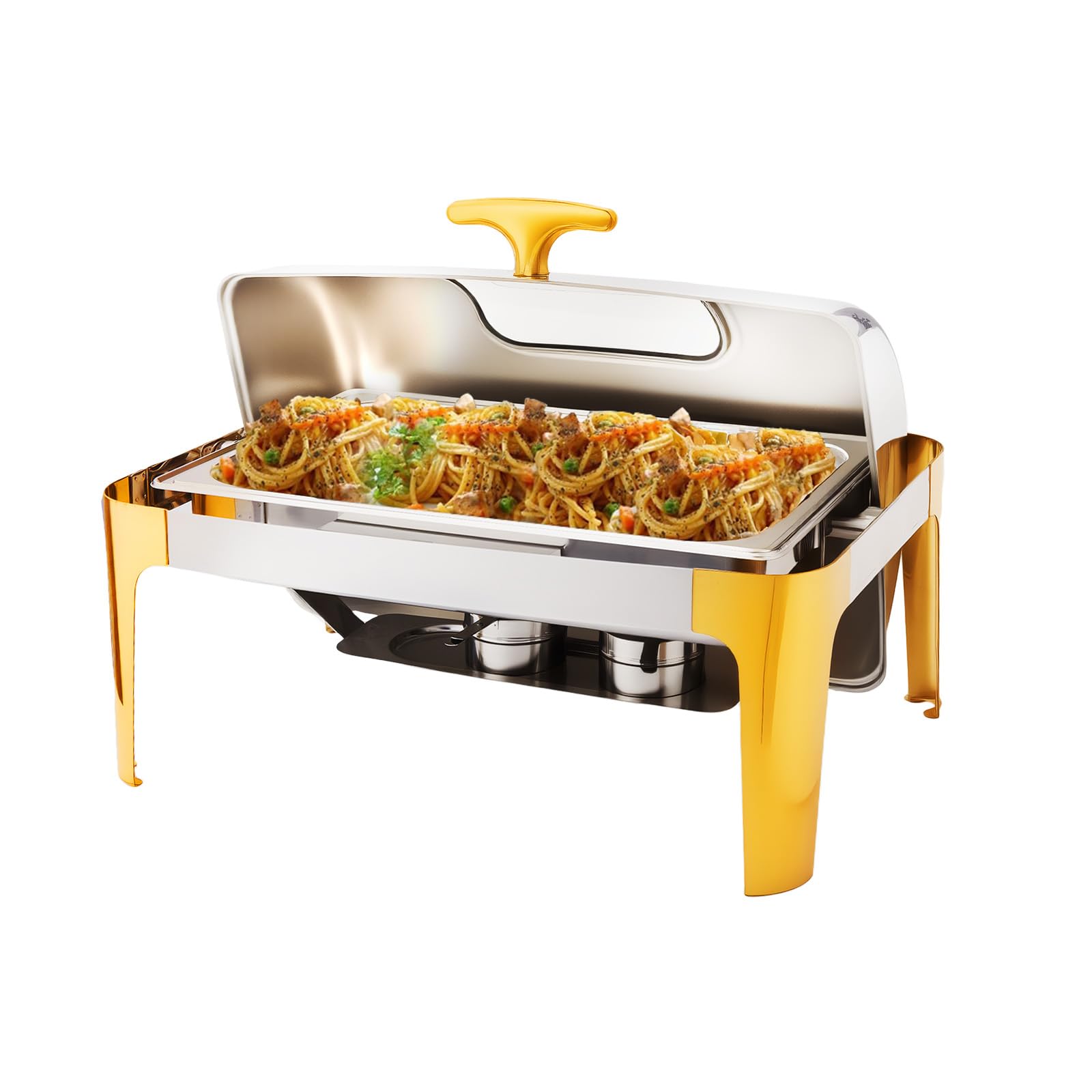 ROVSUN 9 QT Roll Top Rectangular Silver-Gold Chafing Dish Buffet Set with Visible Window