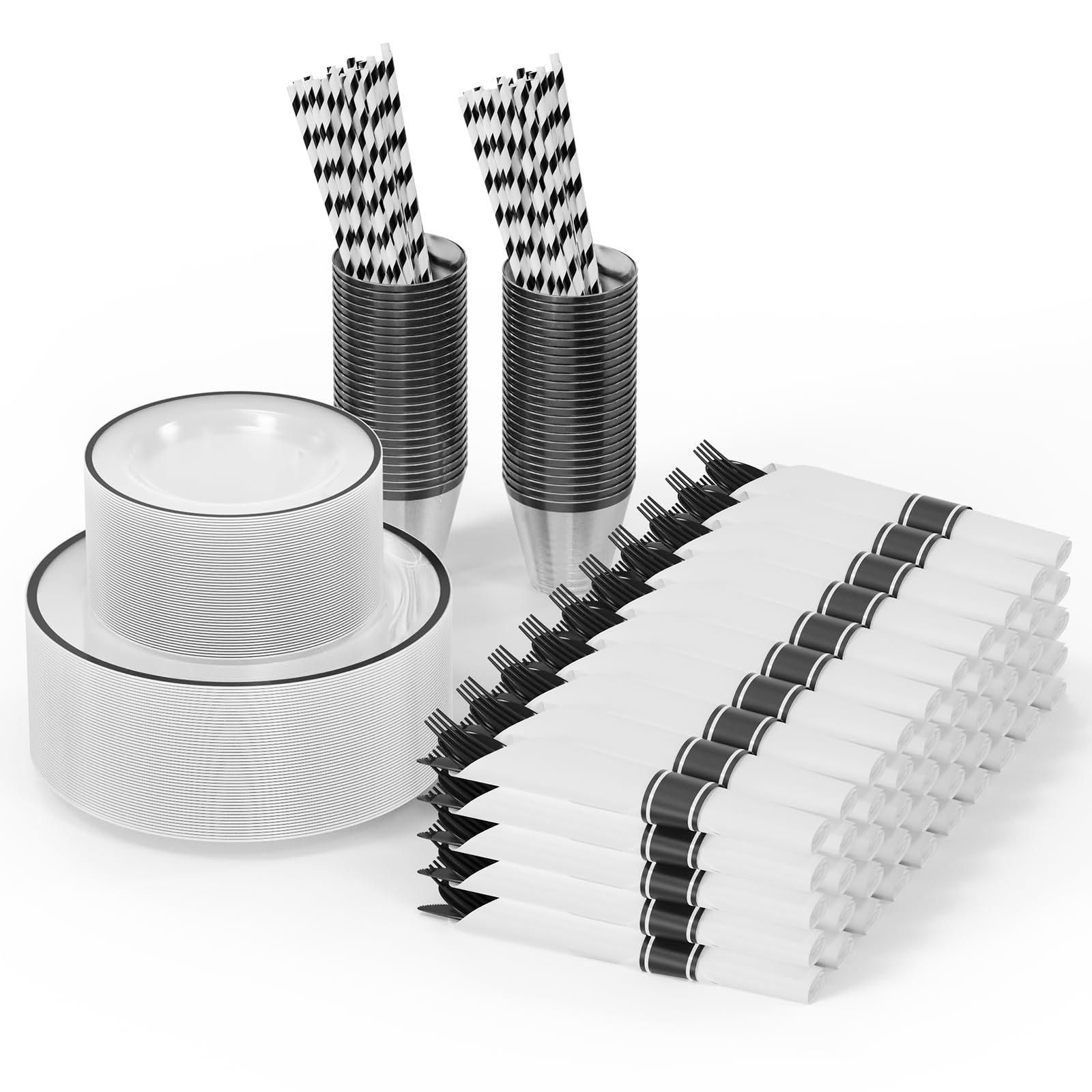 ROVSUN 400 Pieces Pre Rolled Napkins Black Disposable Plastic Dinnerware Set for 50 Guests
