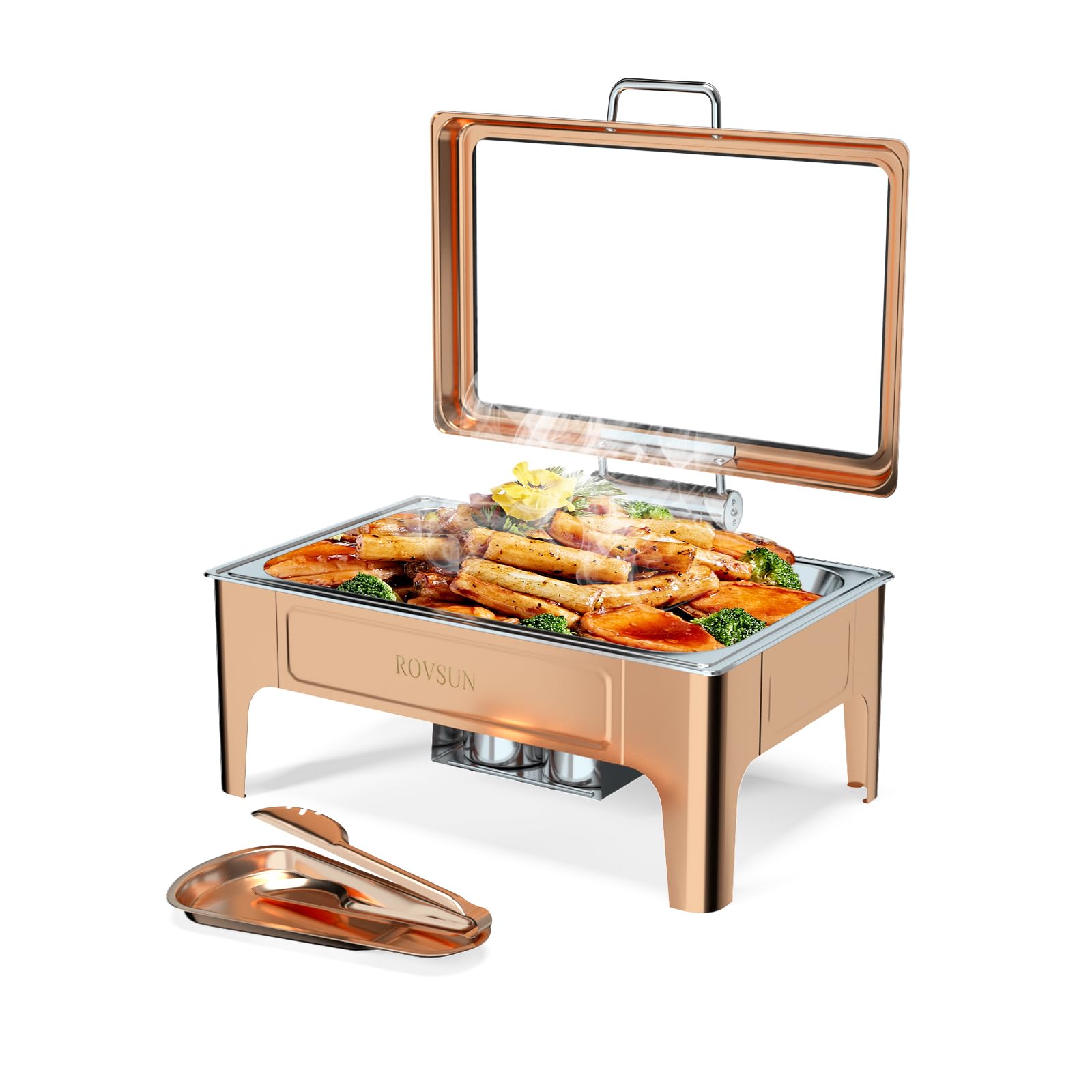 ROVSUN 9 QT Rectangular Rose Gold Chafing Dish Buffet Set with Serving Tong