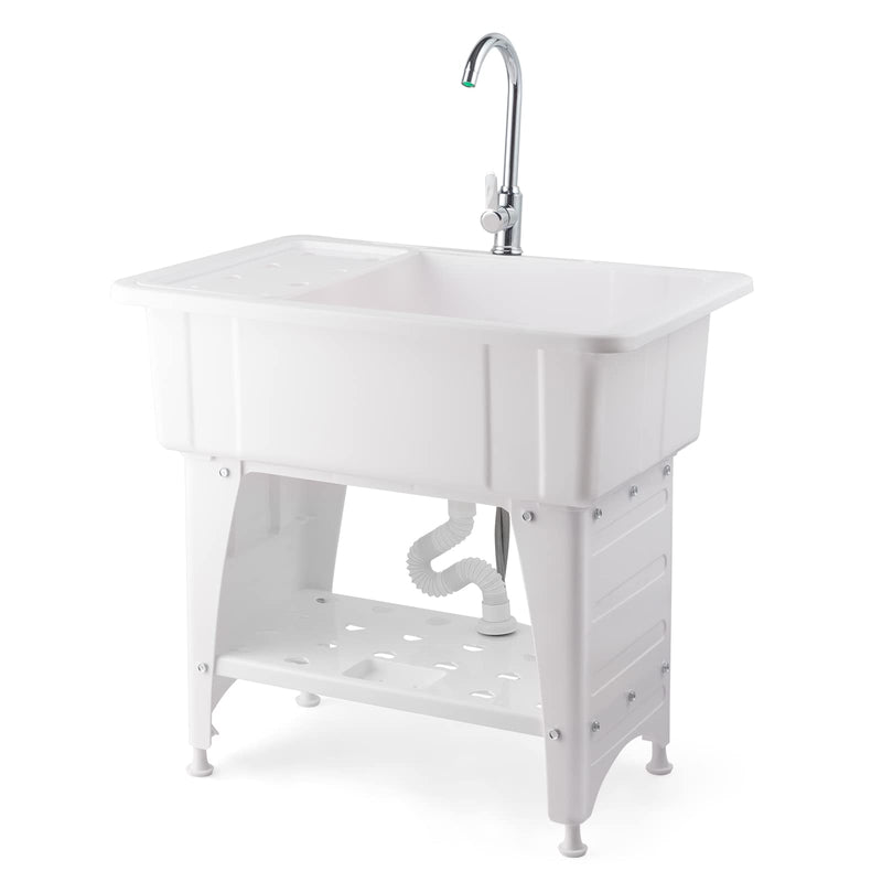 ROVSUN Utility Washing Room Sink Laundry Tub with Faucet & Shelf & Drainboard White