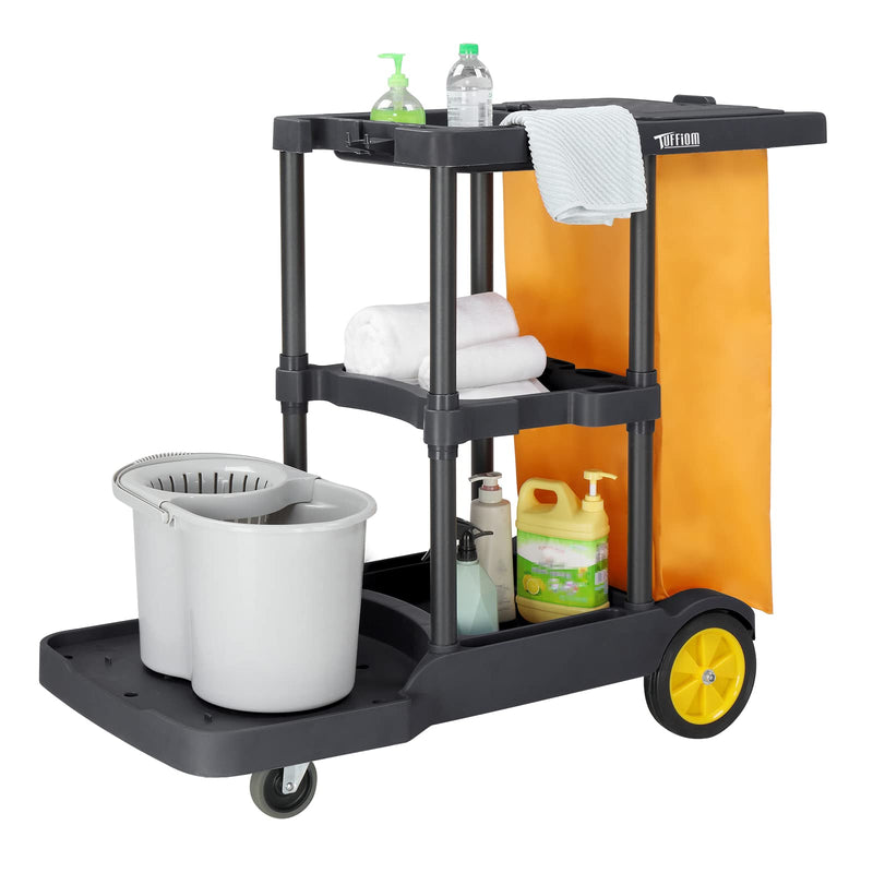 ROVSUN 3 Tier Janitorial Cart 500LBS Capacity Cleaning Housekeeping Cart Black/Blue/Grey