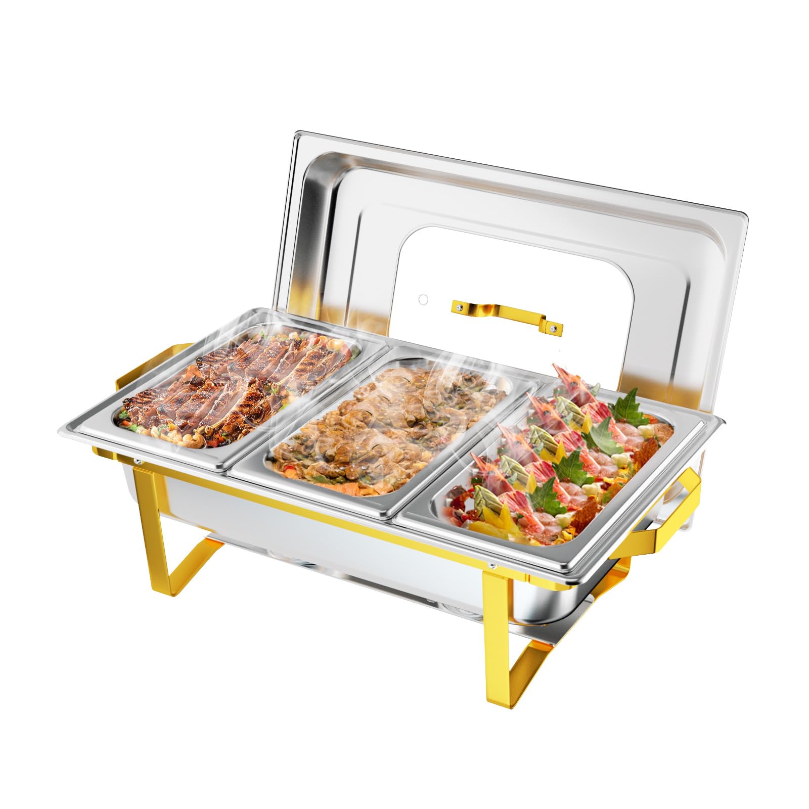 ROVSUN 9 QT Rectangle Chafing Dish Set with Glass Lid, Folding Frame & 3 1/3 Size Pan