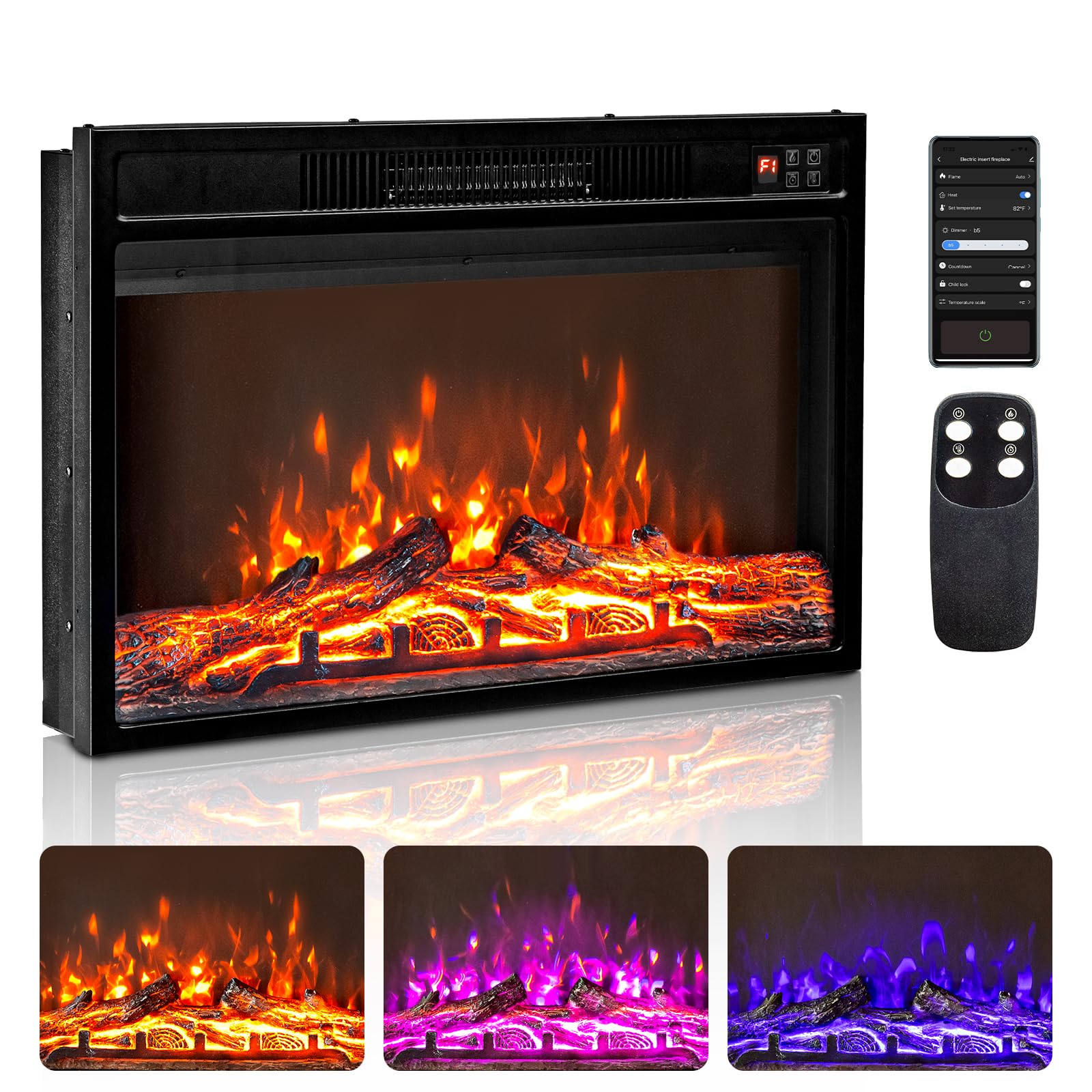 ROVSUN 26'' 1500W 120V Electric Fireplace Inserts with APP & Remote