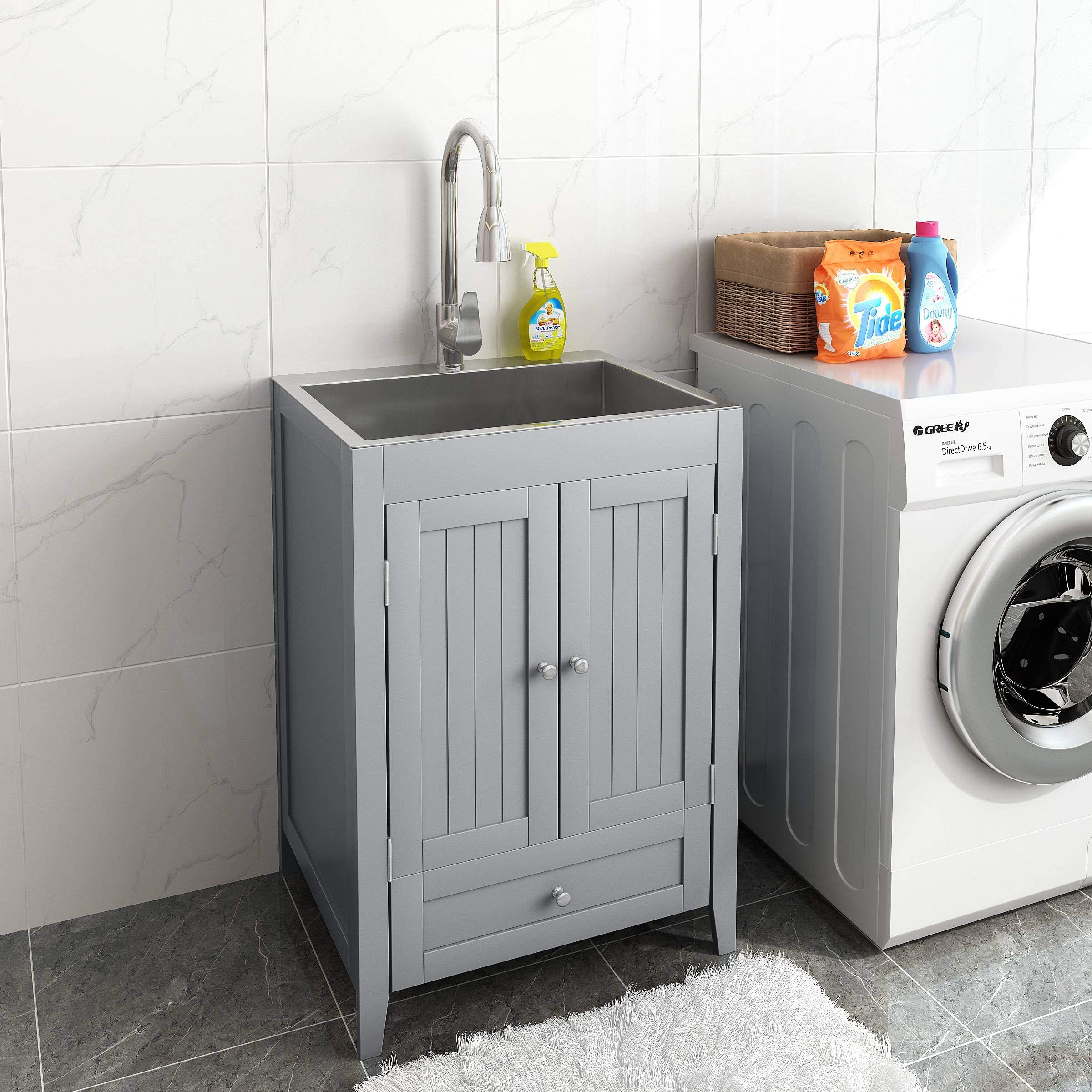 ROVSUN 24" x 20" Utility Sink with Cabinet and Drawer for Kitchen Laundry Room Grey
