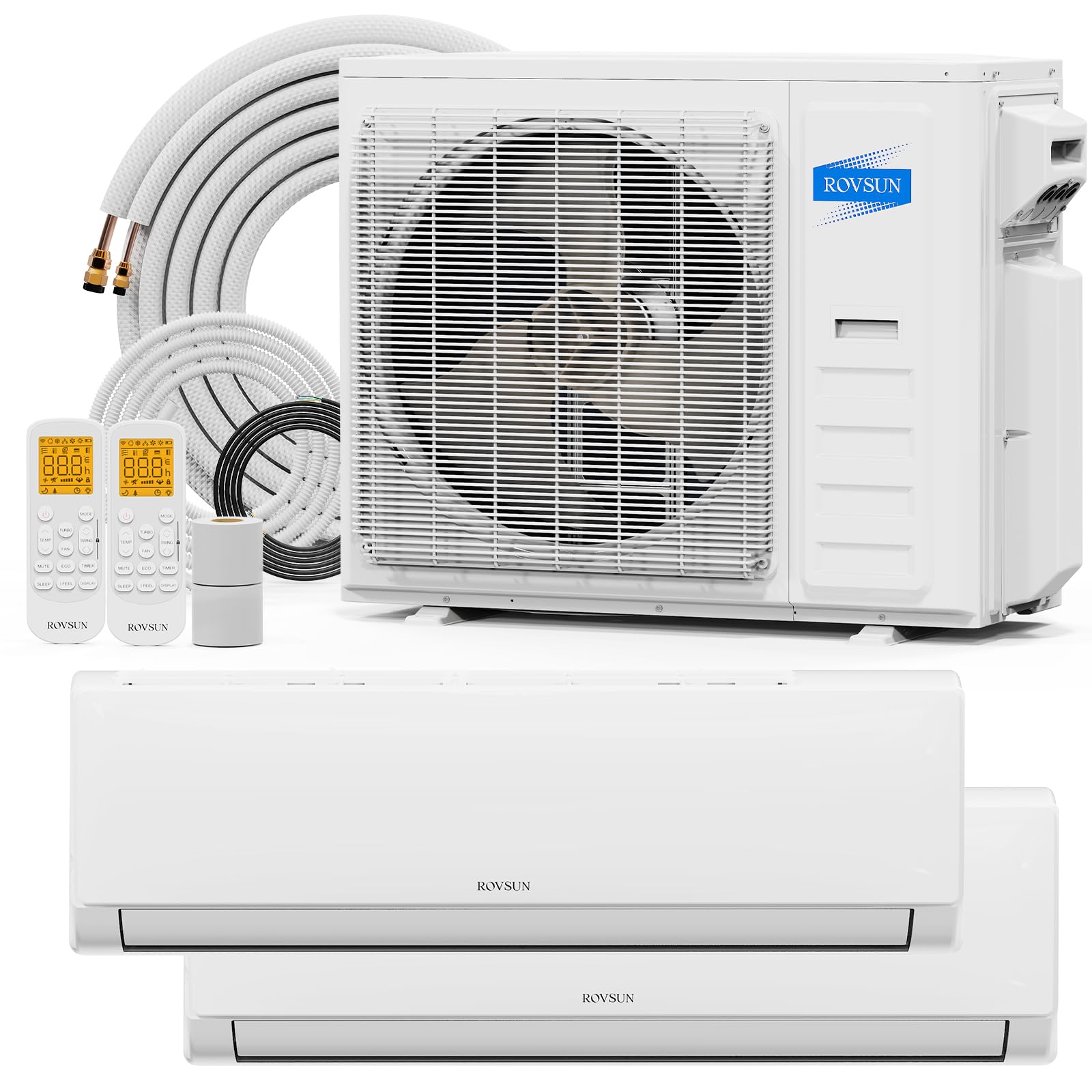 ROVSUN 2 Zone 18,000 + 18,000 / 35,000 BTU Wifi Mini Split Air Conditioner Ductless 19 SEER2 230V with Heat Pump & 25Ft Install Kit