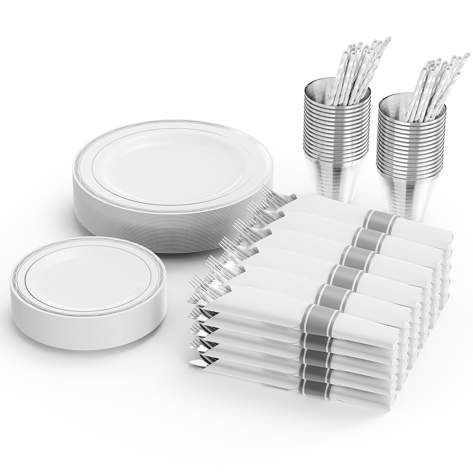 ROVSUN 240 Pieces Pre Rolled Napkins Silver Disposable Plastic Dinnerware Set for 30 Guests