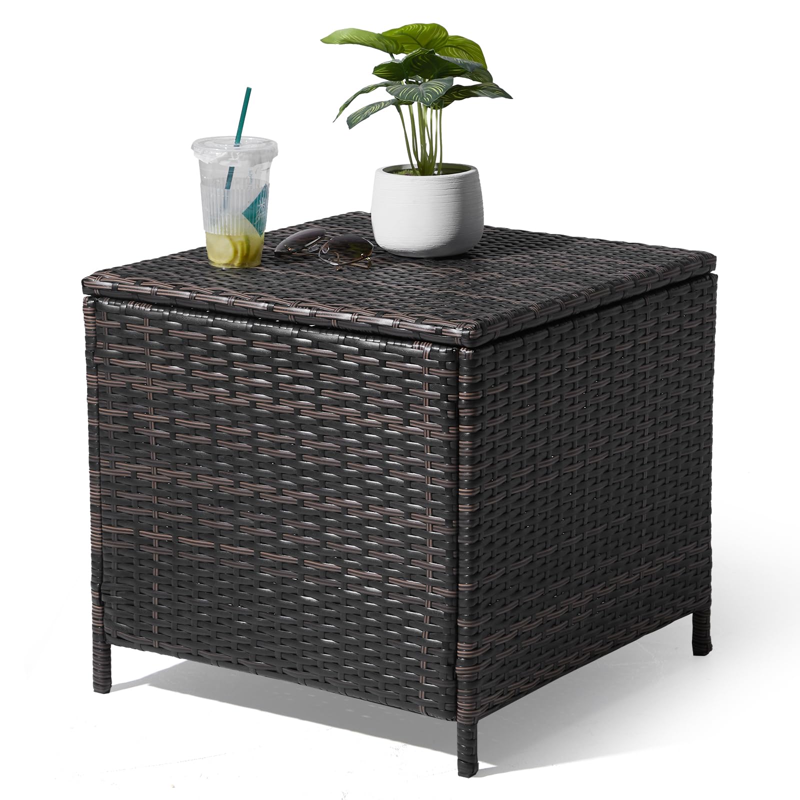 VINGLI 27 Gallon Rectangular Outdoor Wicker Side Table with Storage