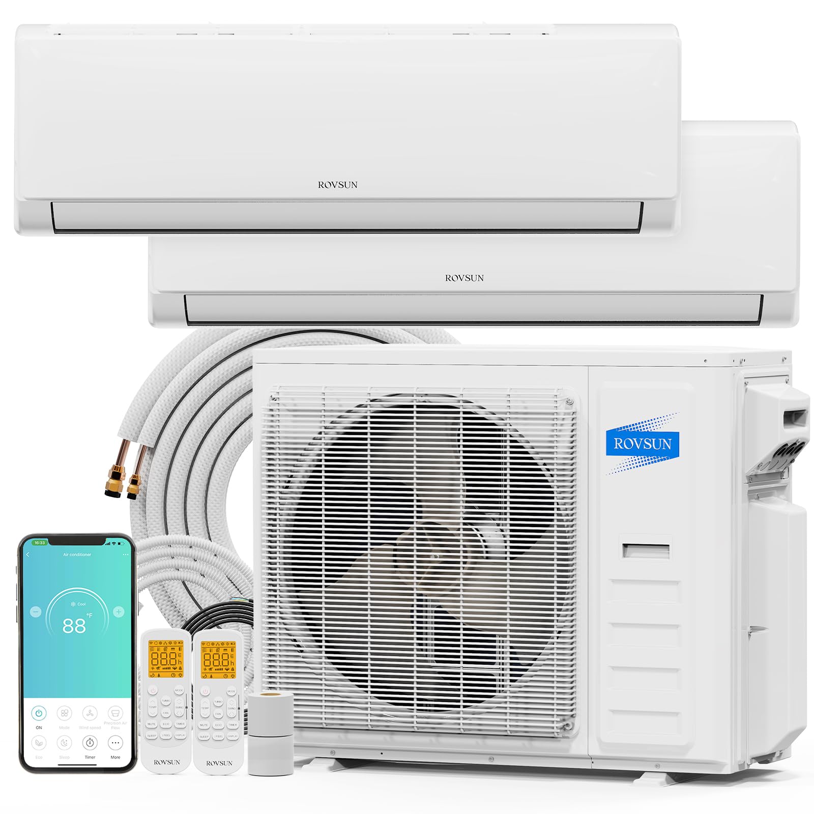 ROVSUN 2 Zone 18000 + 18000 / 38000 BTU 20 SEER2 230V Mini Split AC with Heat Pump & 25Ft Kit