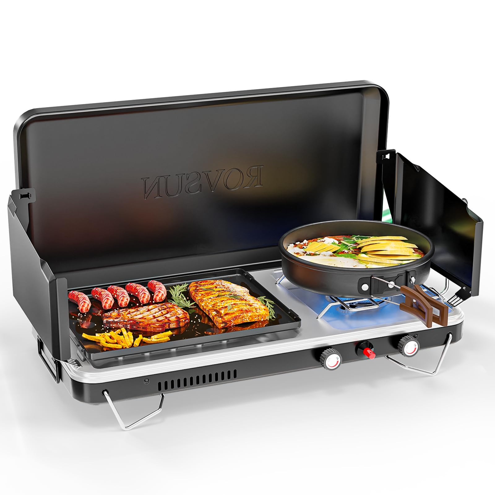 ROVSUN 1-Burner 2-in-1 Portable Camping Stove Propane Griddle Black