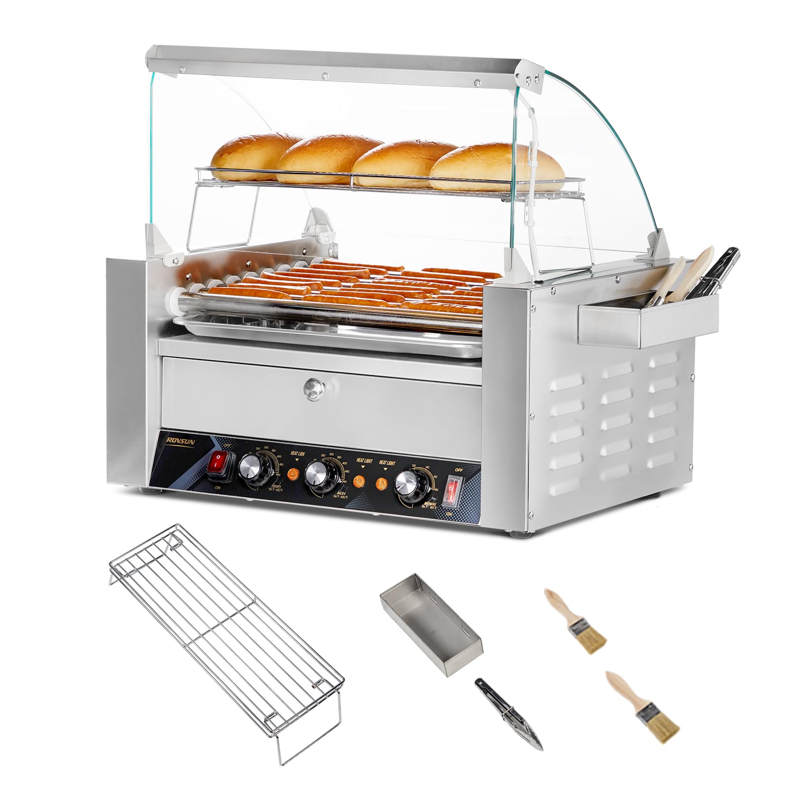 ROVSUN 9 Rollers 1,500W 110V 24 Hot Dog Roller Grill with Bun Warmer