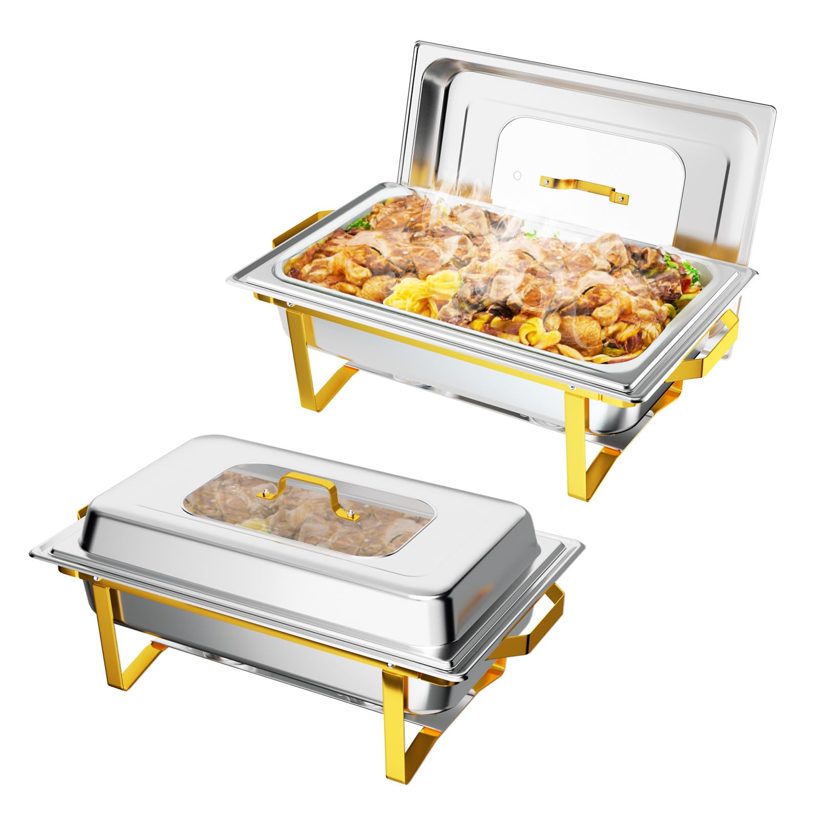 ROVSUN 9 QT Rectangle Gold Chafing Dish Set with Glass Lid & Full Size Pans