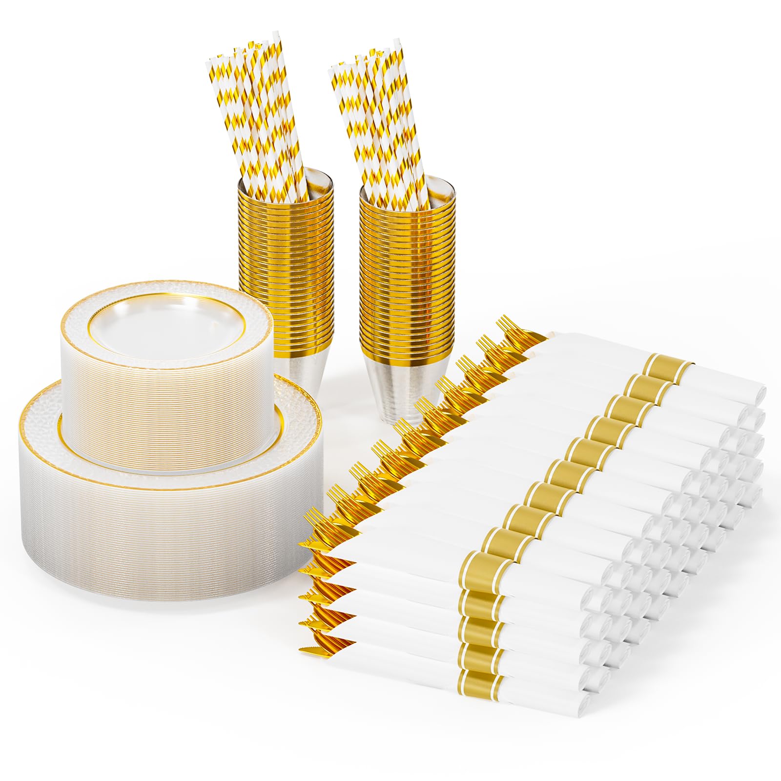 ROVSUN 400 Pieces Pre Rolled Napkins Gold Clear Disposable Plastic Dinnerware Set for 50 Guests