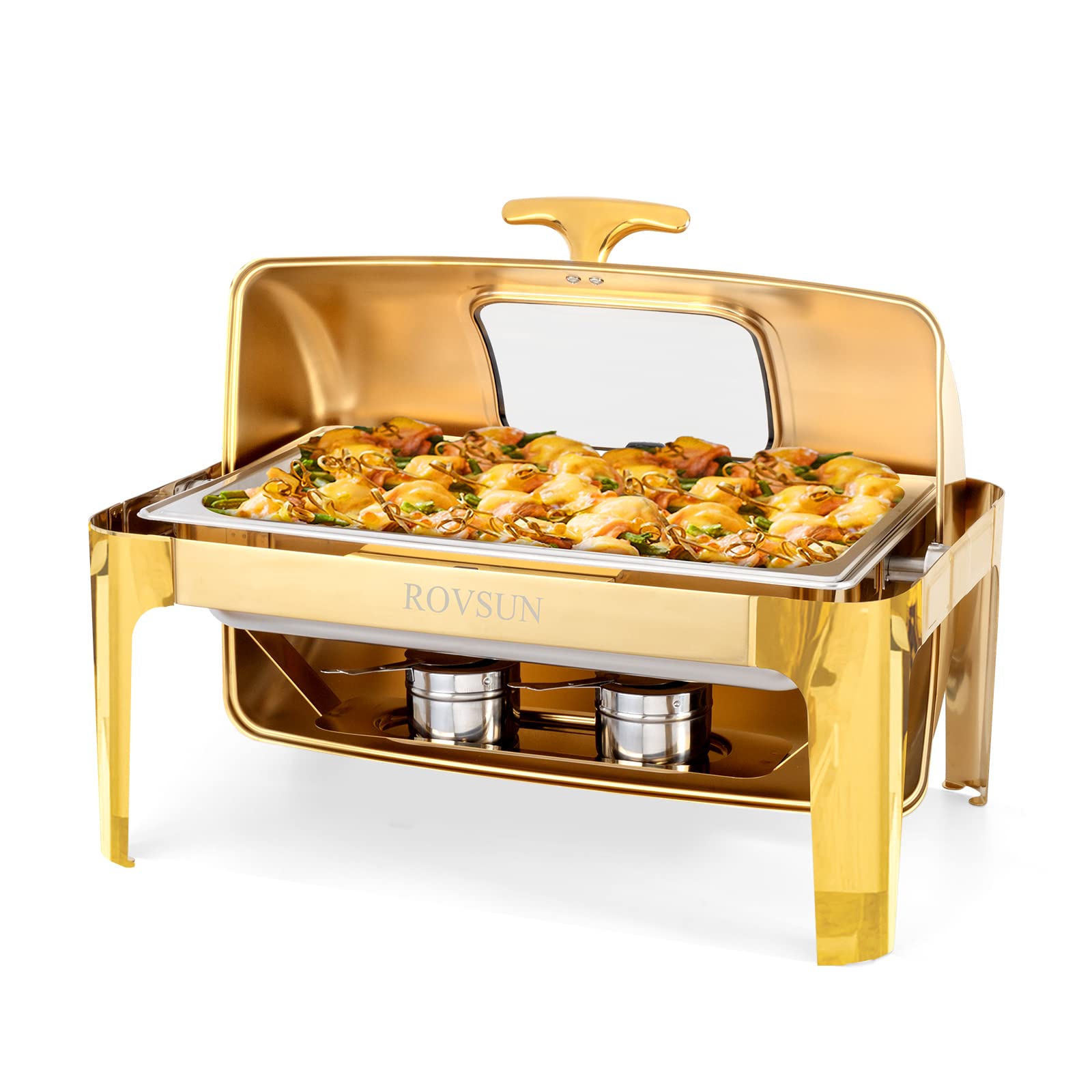 ROVSUN 9 QT Roll Top Rectangle Gold Chafing Dish Set with Visible Window