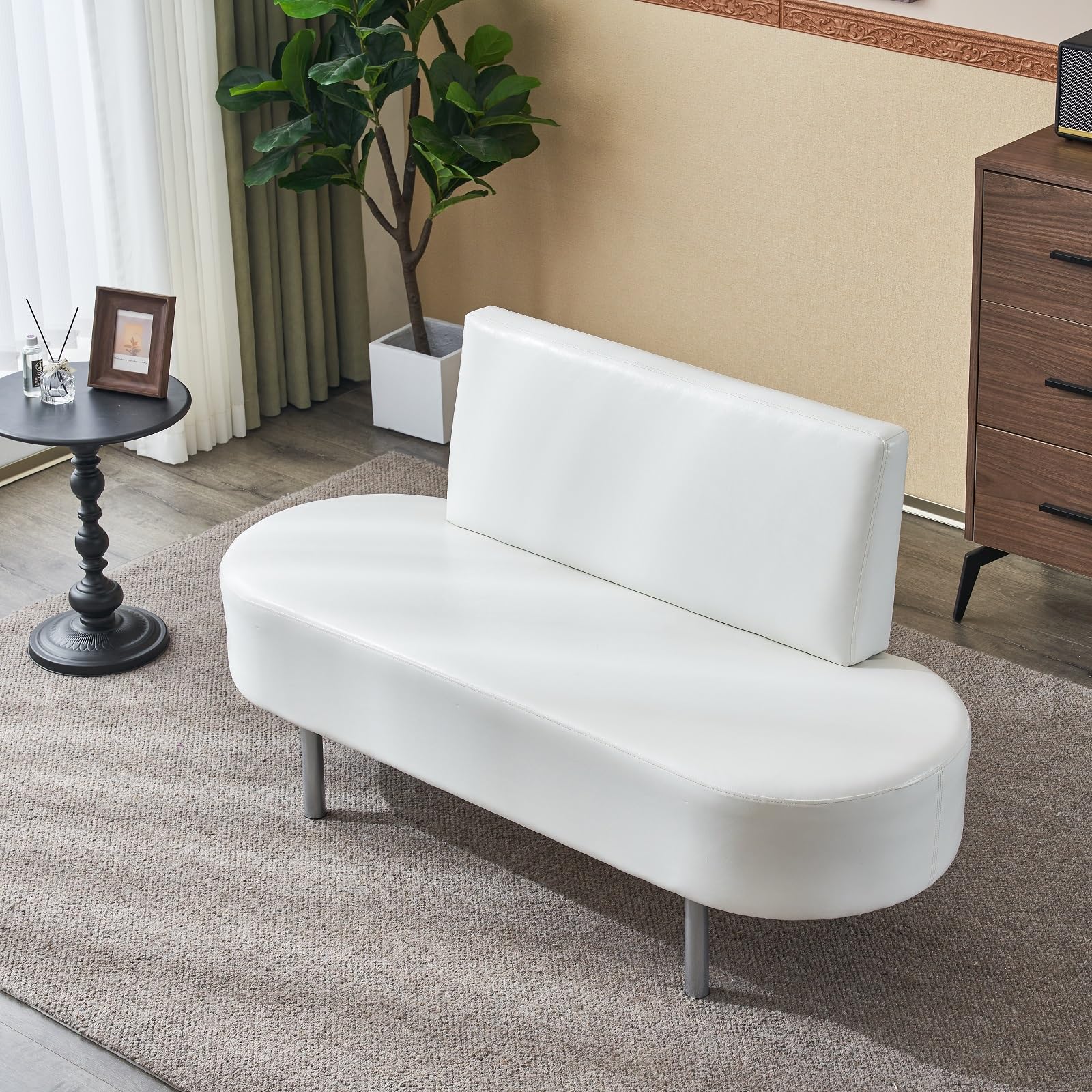 59.1" Waiting Chair Bench Seating Faux Leather with Backrest White