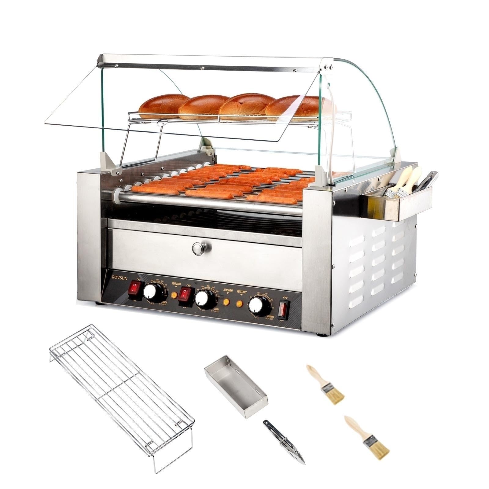 ROVSUN 11 Rollers 2,000W 110V 30 Hot Dog Roller Grill with Bun Warmer
