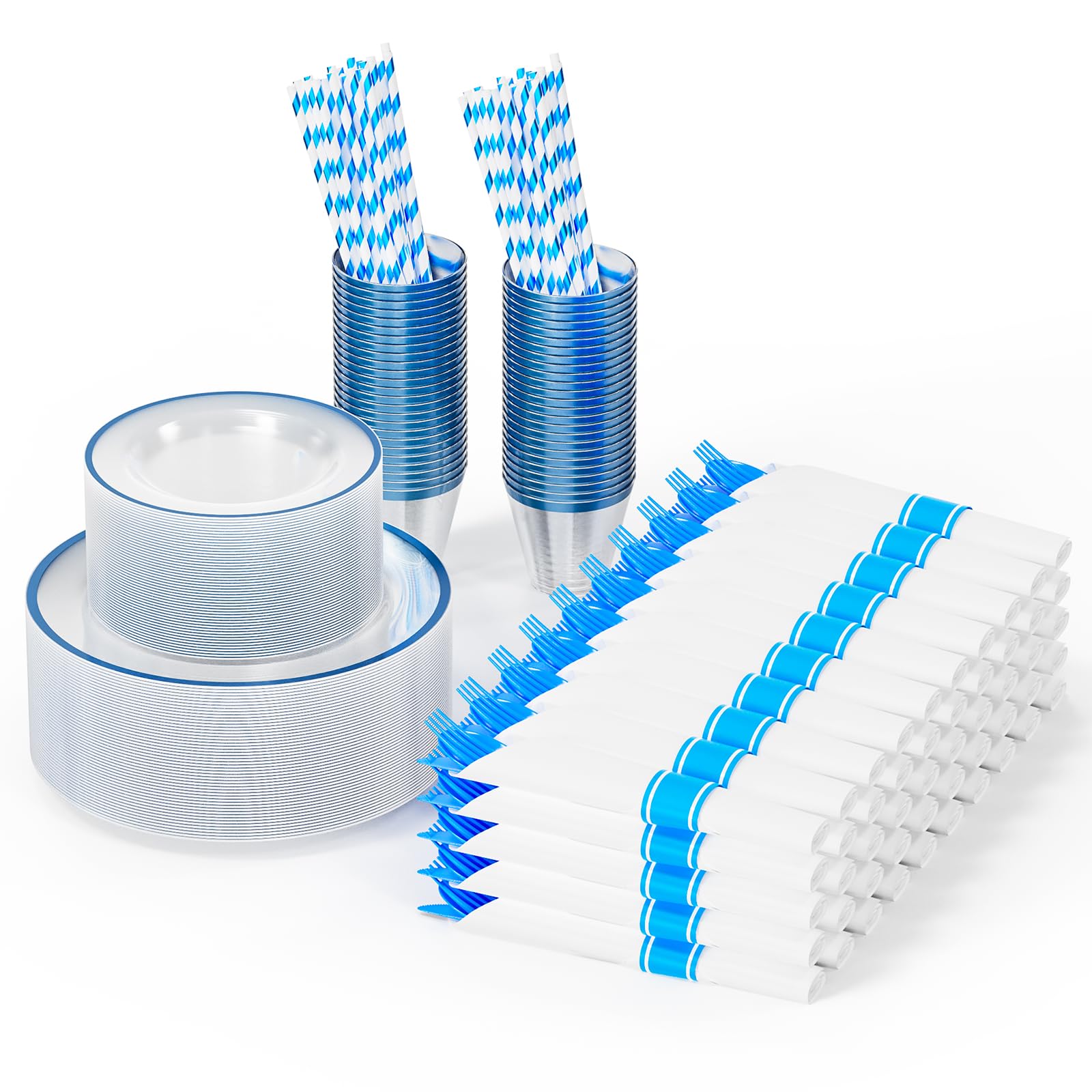 ROVSUN 400 Pieces Pre Rolled Napkins Blue Disposable Plastic Dinnerware Set for 50 Guests