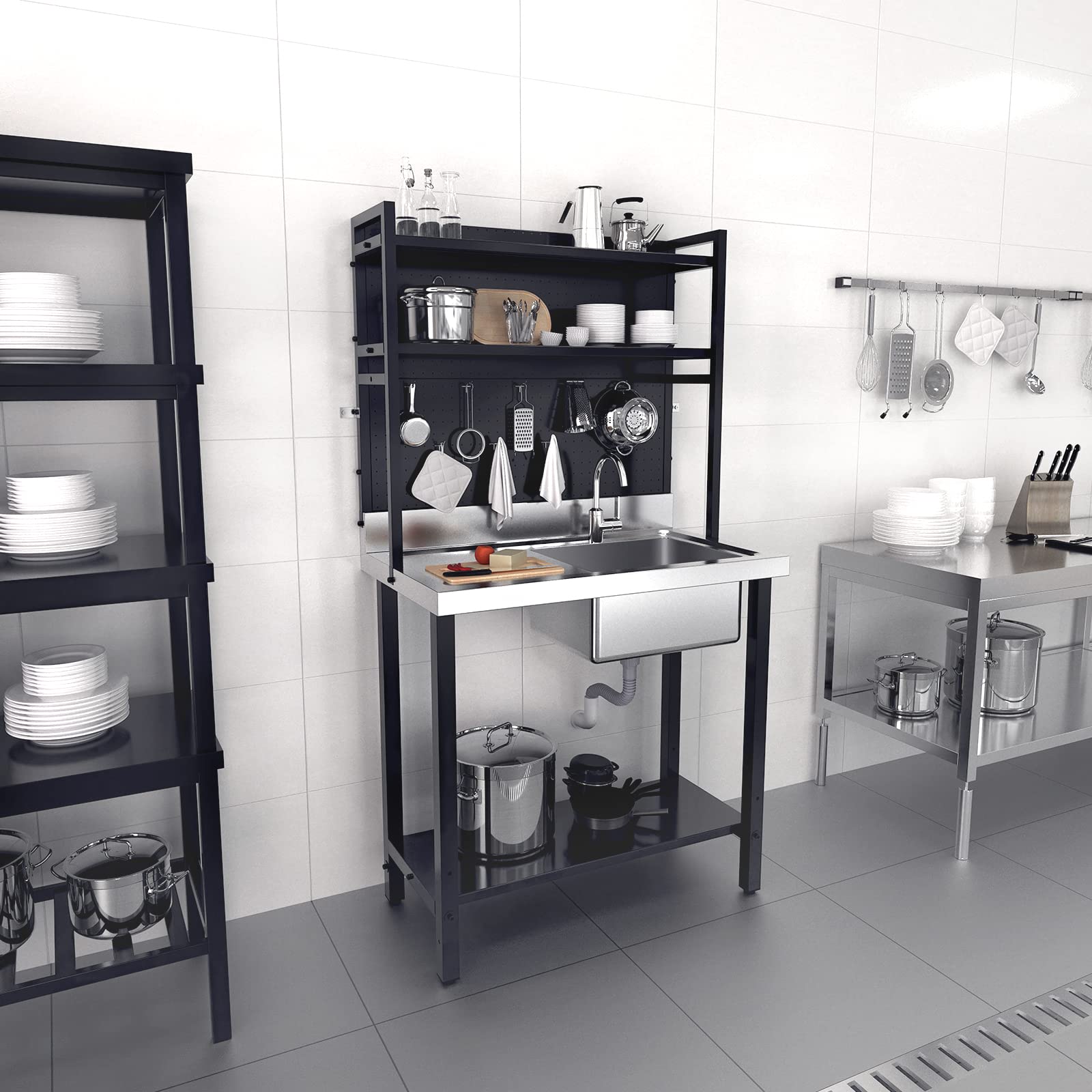 ROVSUN 36" x 21" One Compartment Stainless Steel Sink with Shelves