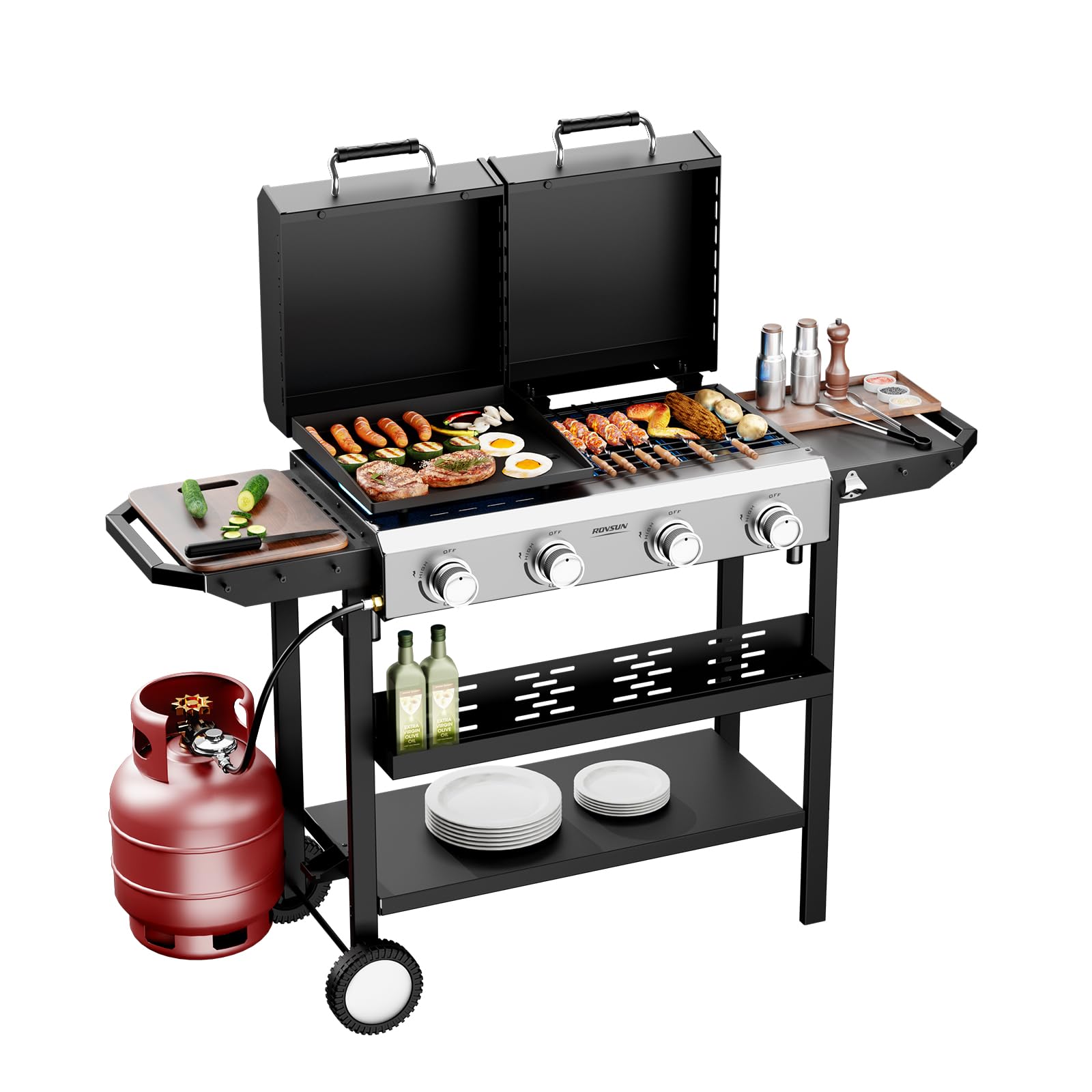ROVSUN 4 Burner 2-in-1 Propane Grill and Griddle Combo Standing with Lid