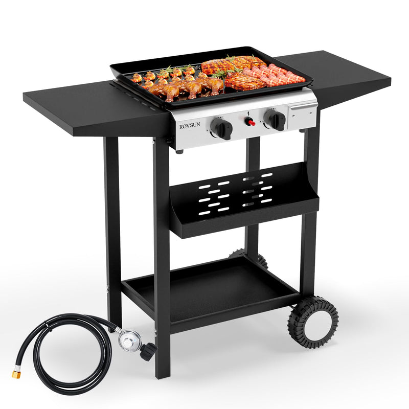 ROVSUN 2 Burner 20000 BTU Portable Propane Rolling Flat Top Gas Grill with Stand