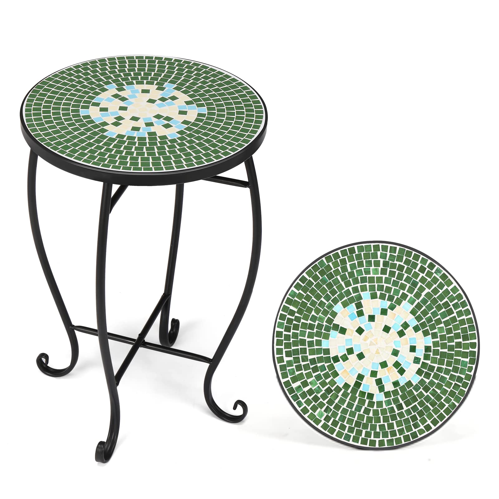 14" Round Mosaic Outdoor Side Table Green Garden