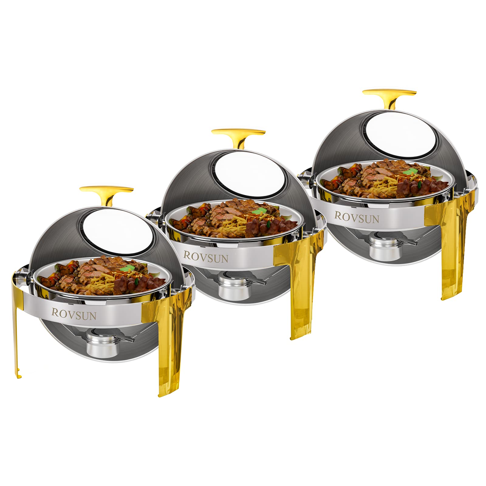 ROVSUN 6 QT Roll Top Round Silver Gold Chafing Dish Buffet Set with Visible Window