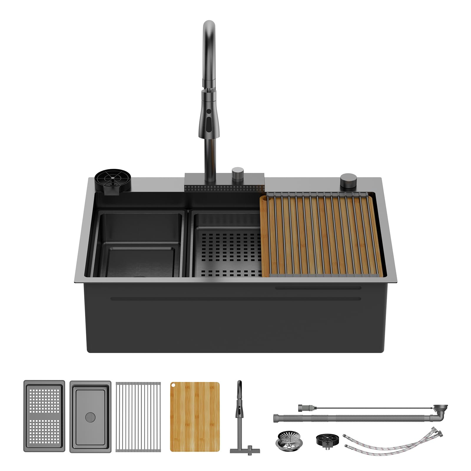 ROVSUN 33" x 19" Drop-in Waterfall Kitchen Sink with Left Drain Black