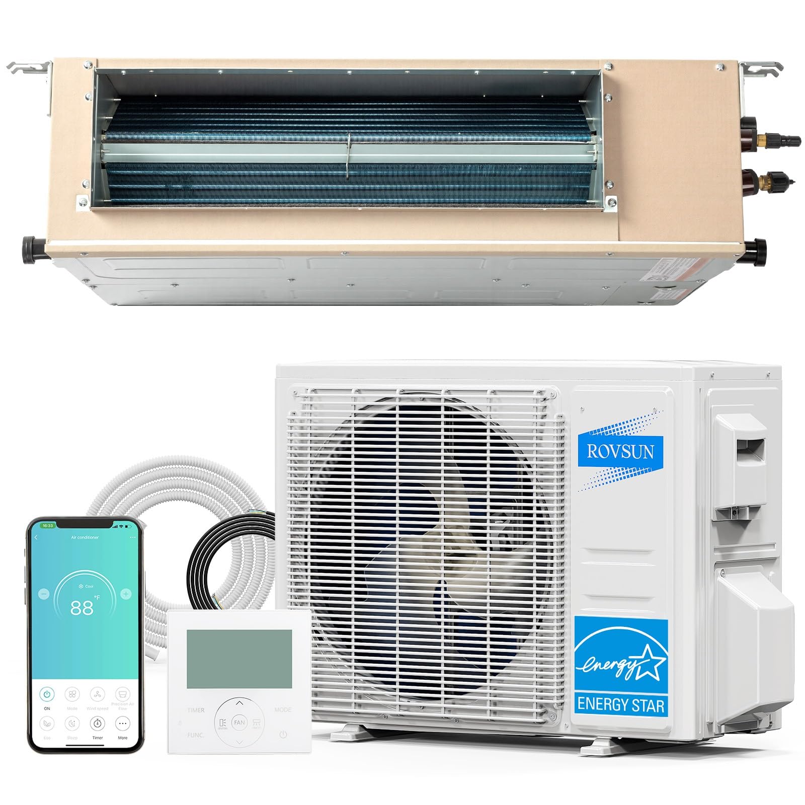 ROVSUN 18,000 BTU 24 SEER2 230V Ceiling Concealed Ducted Air Conditioner with Heat Pump & Install Kit