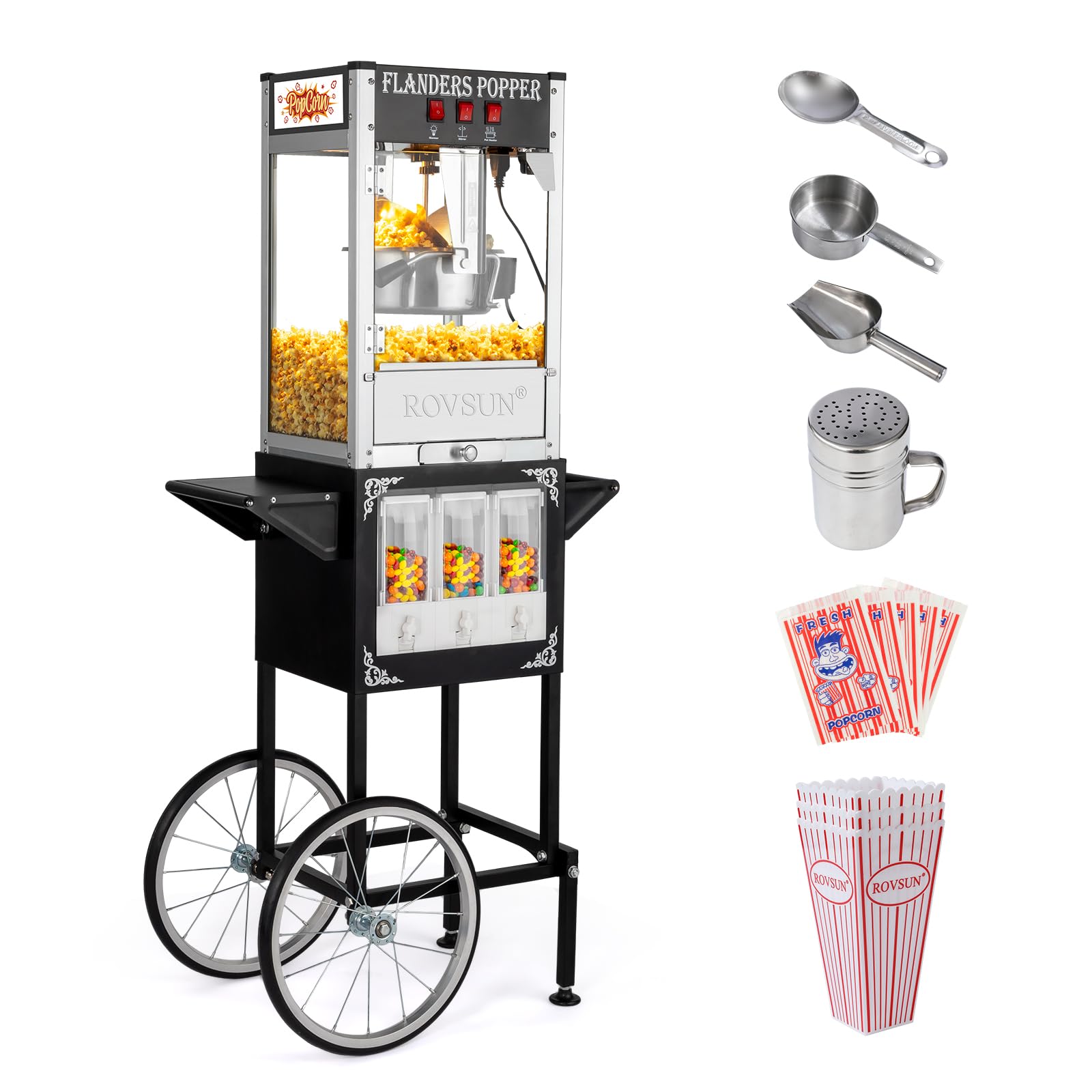 ROVSUN 8 oz Black Popcorn Machine with Cart & Candy Dispenser
