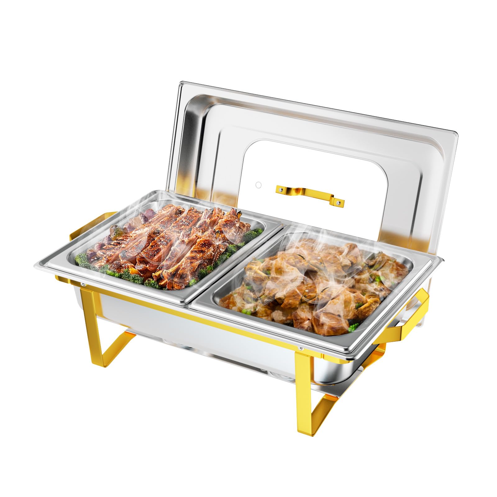 ROVSUN 9 QT Rectangle Chafing Dish Set with Glass Lid & 2 Half Size Pan
