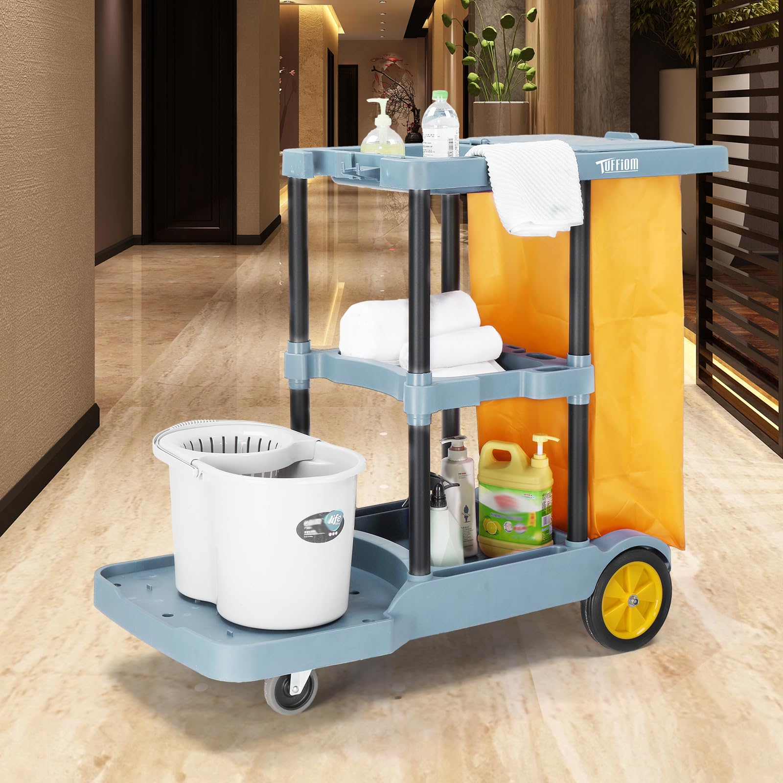 3-Tier 500 LBS Capacity Janitorial Cart with 22 Gallon Bag Blue