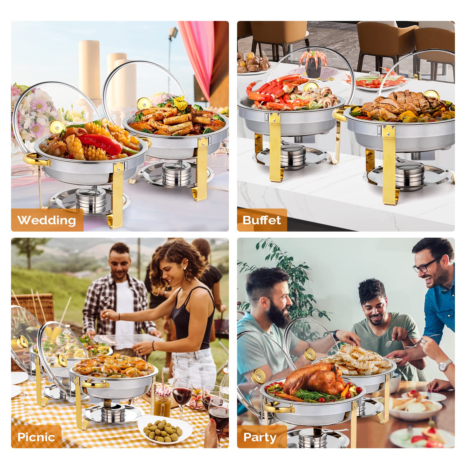 ROVSUN 5 QT Round Gold Chafing Dish Set with Glass Lid & Lid Holder