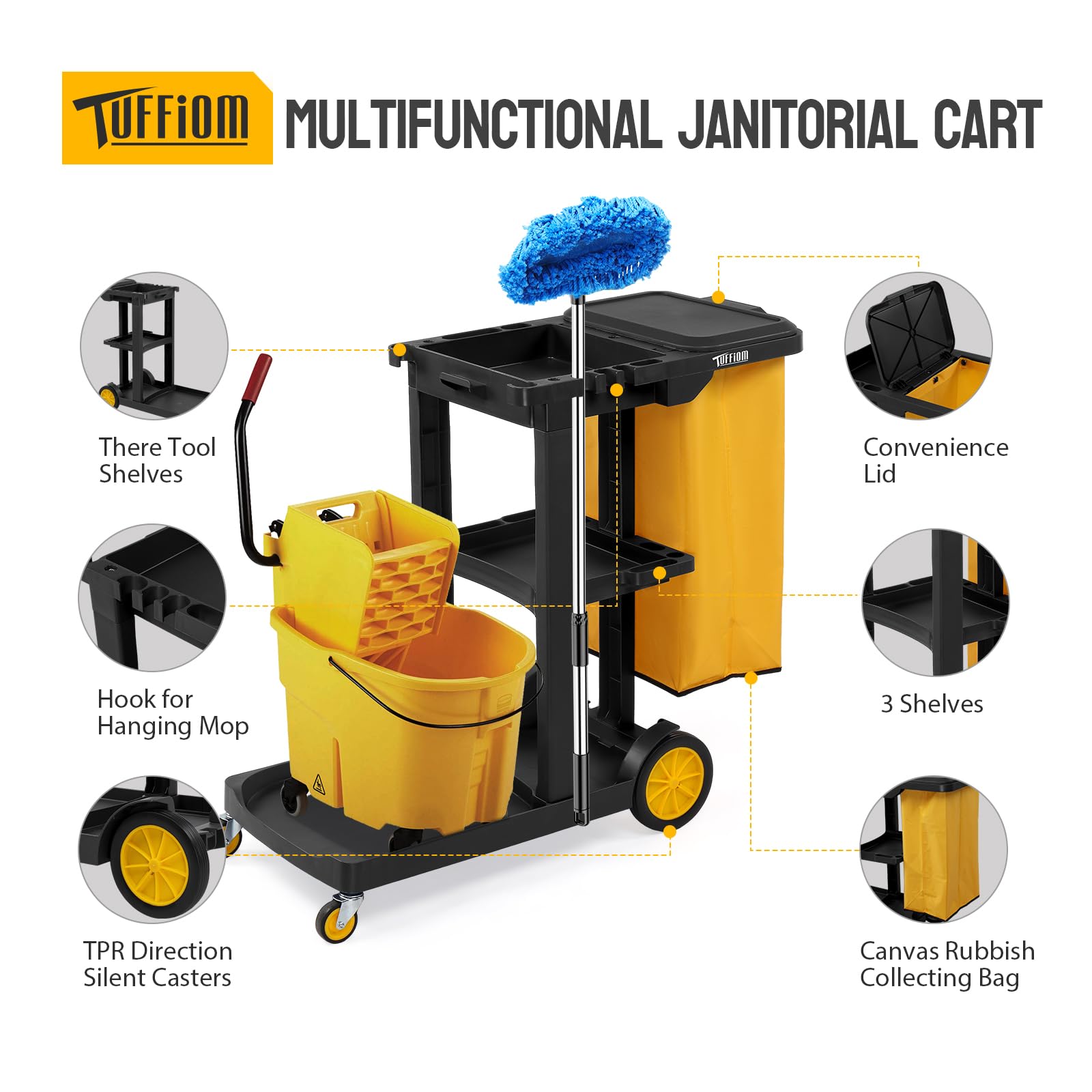 3-Tier 500 LBS Capacity Janitorial Cart with 15 Gallon Bag Black