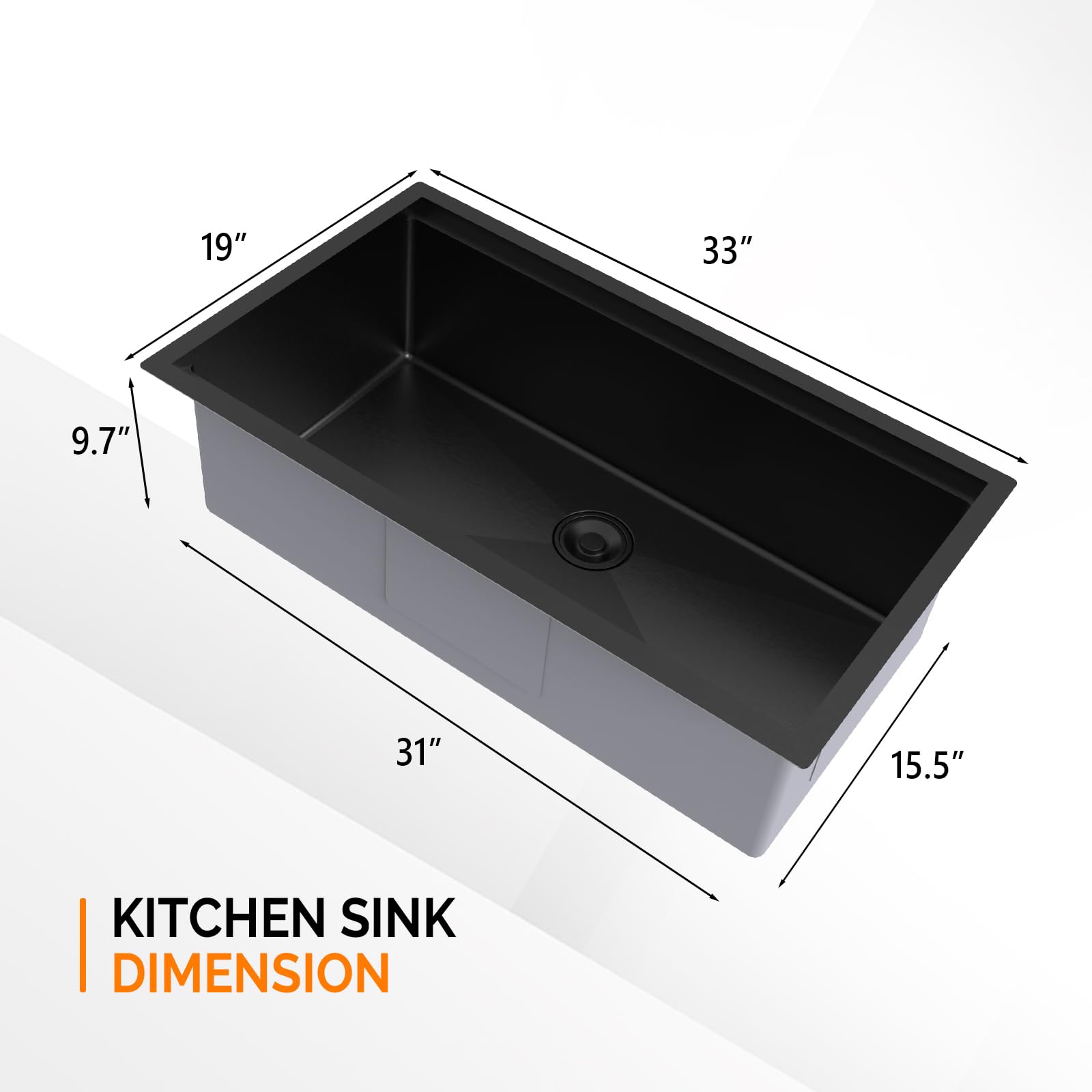 ROVSUN 33" x 19" Undermount Stainless Steel Sink for Kitchen Black
