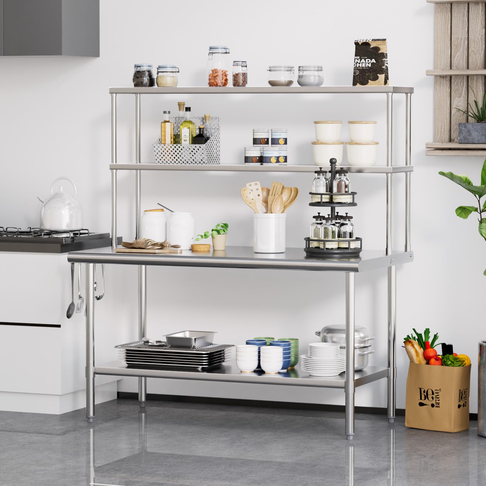 ROVSUN 60" X 30" Stainless Steel Table with Overshelves