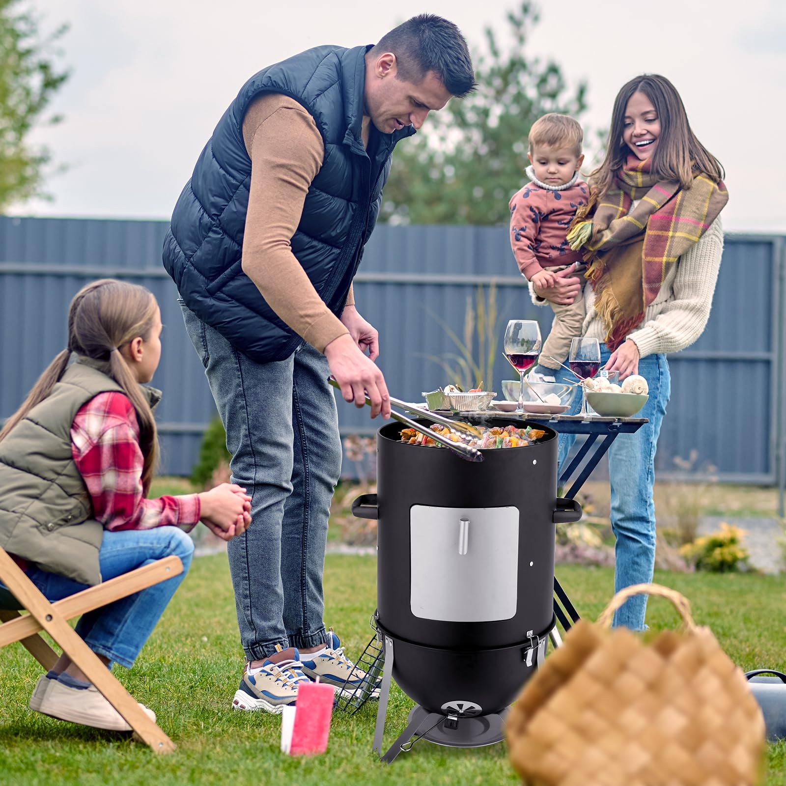 4-Tier 3-in-1 Vertical Charcoal Grill Outdoor BBQ Charcoal Smoker