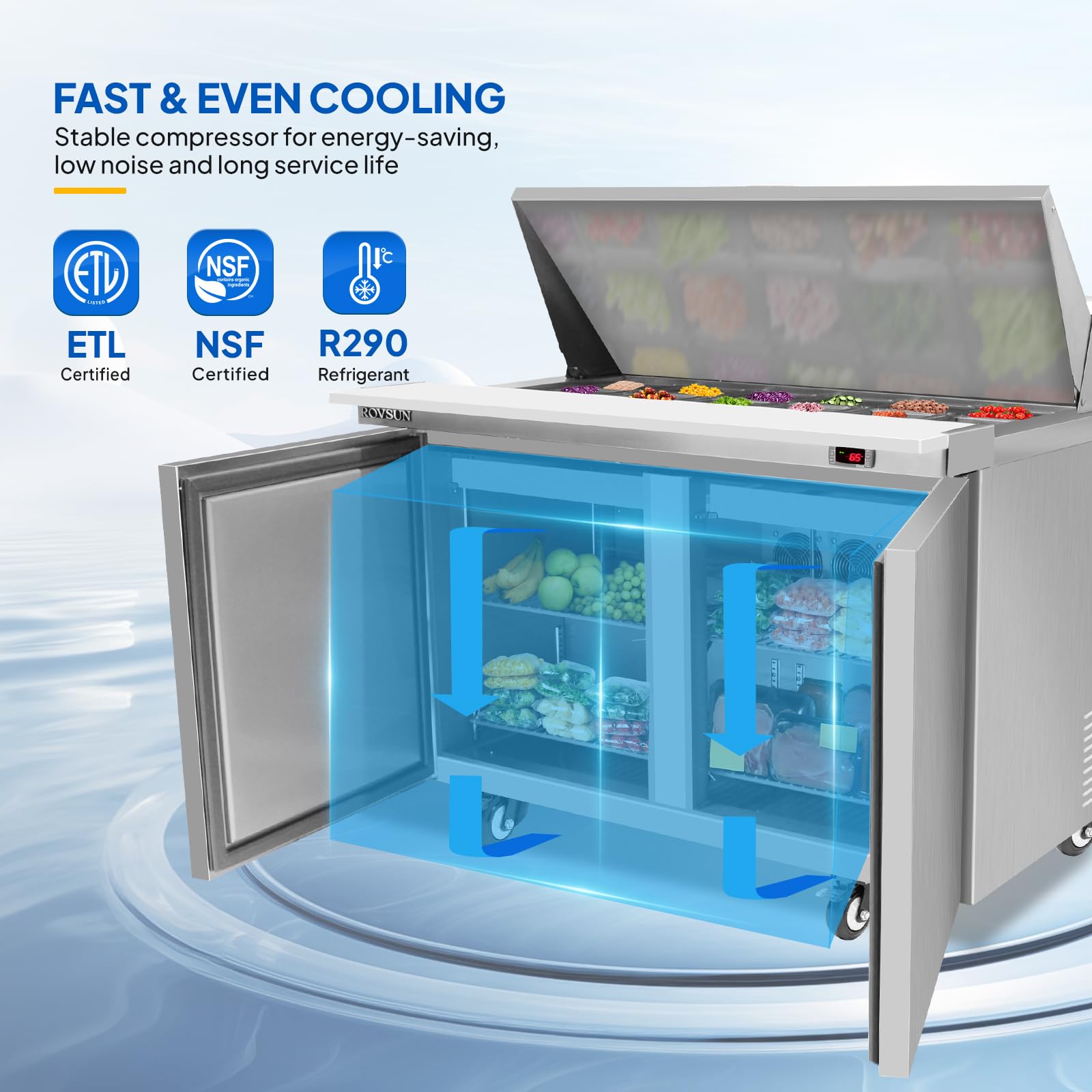 ROVSUN 48" 13.1 Cu.Ft. 320W 115V Silver Refrigerated Salad Sandwich Prep Table