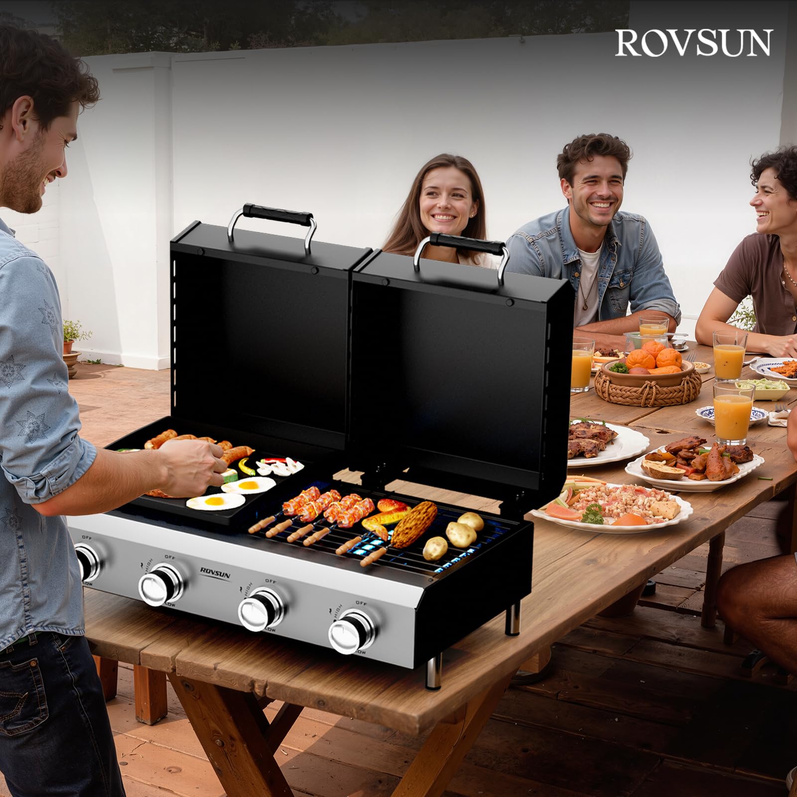 ROVSUN 4 Burner 2-in-1 Propane Grill and Griddle Combo Tabletop with Lid
