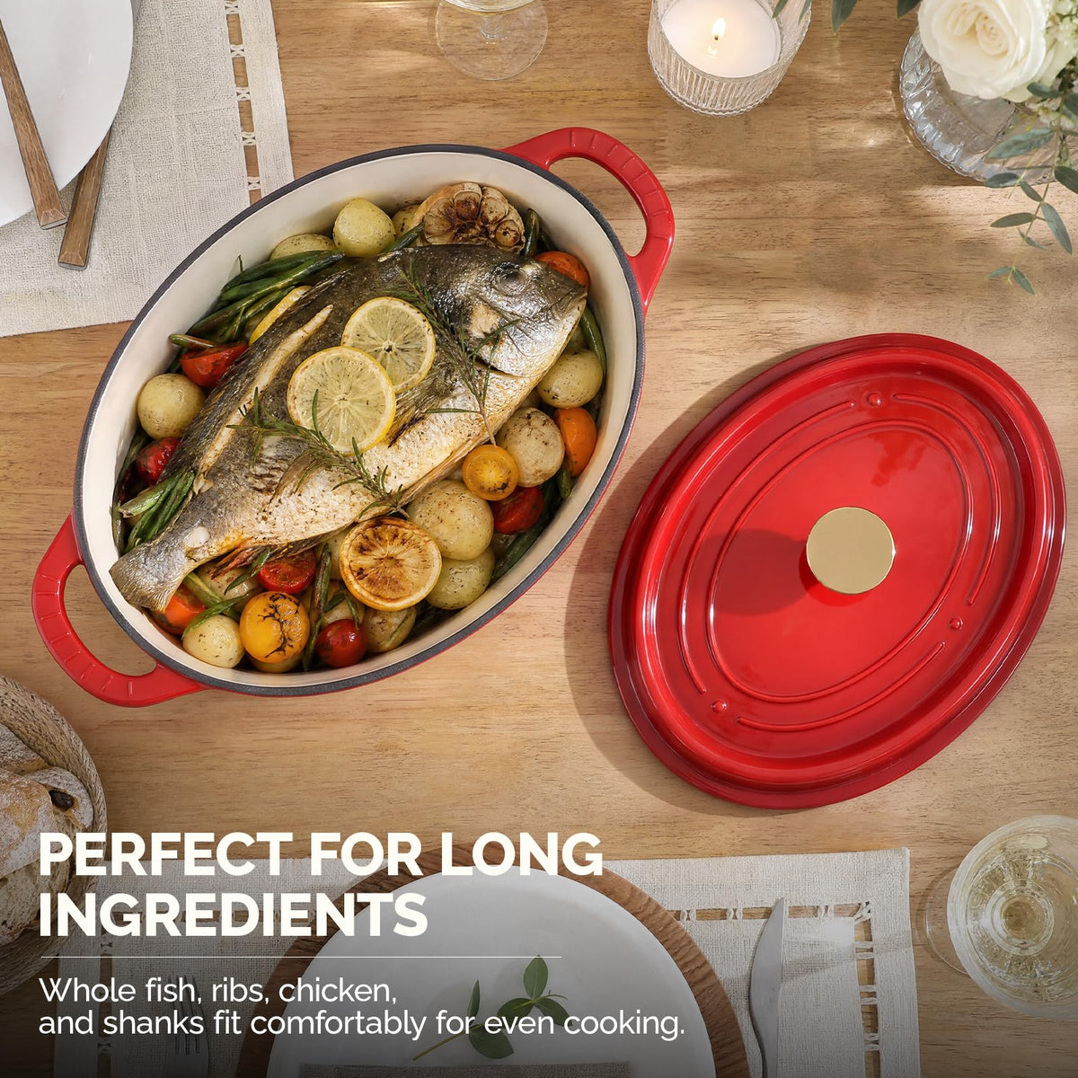 ROVSUN 7.5 QT Oval Enameled Cast Iron Dutch Oven Pot Red