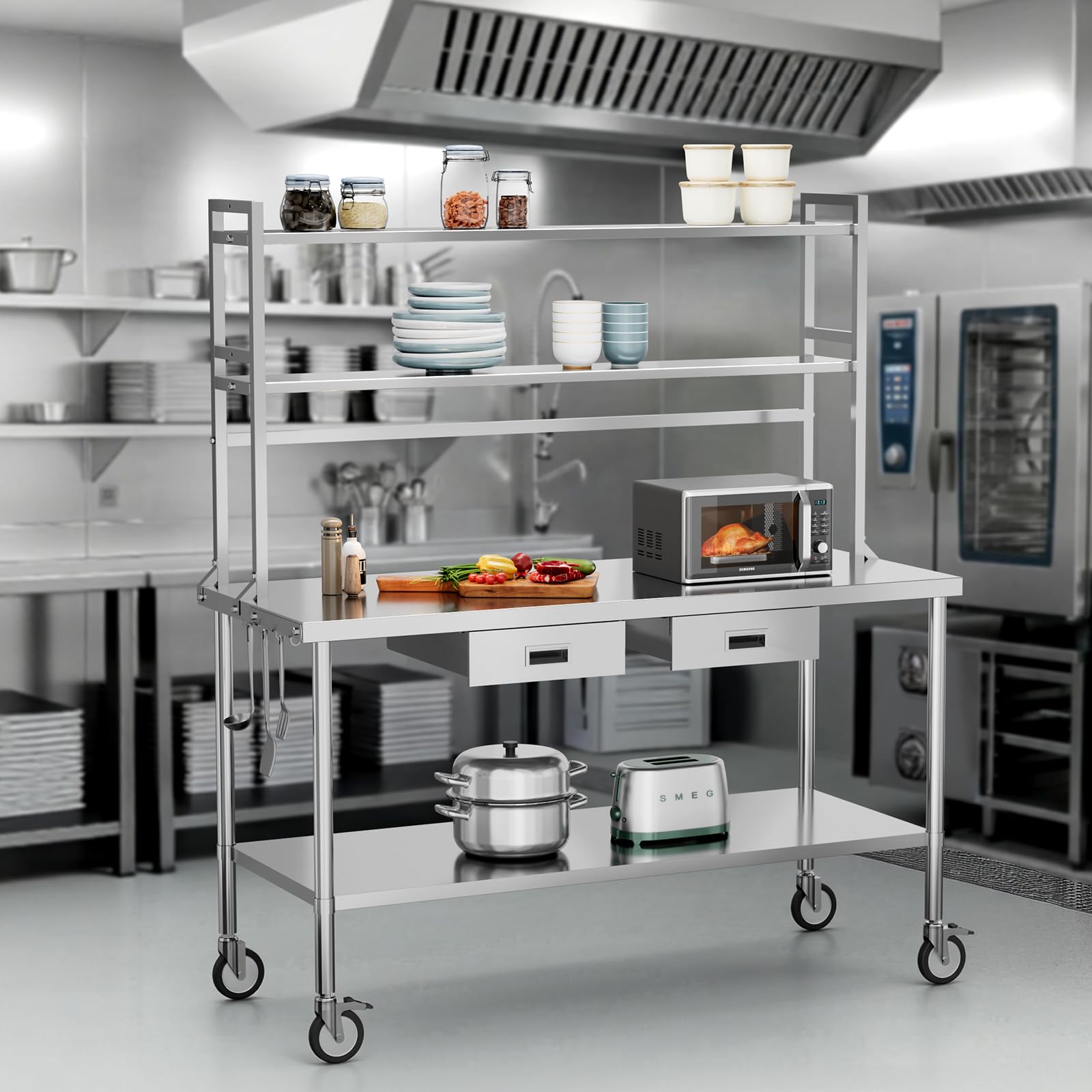 ROVSUN 60" X 24" Stainless Steel Table with Wheels & Drawers