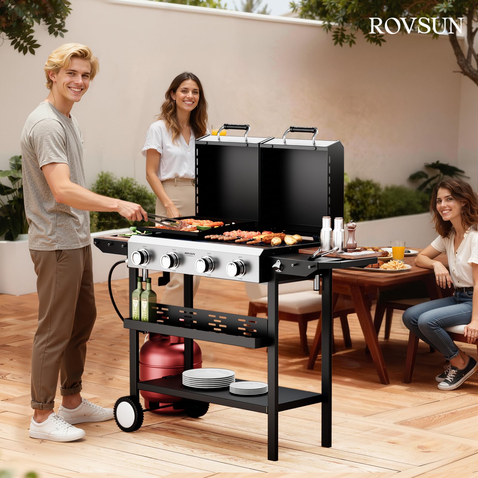 ROVSUN 4 Burner 2-in-1 Propane Grill and Griddle Combo Standing with Lid