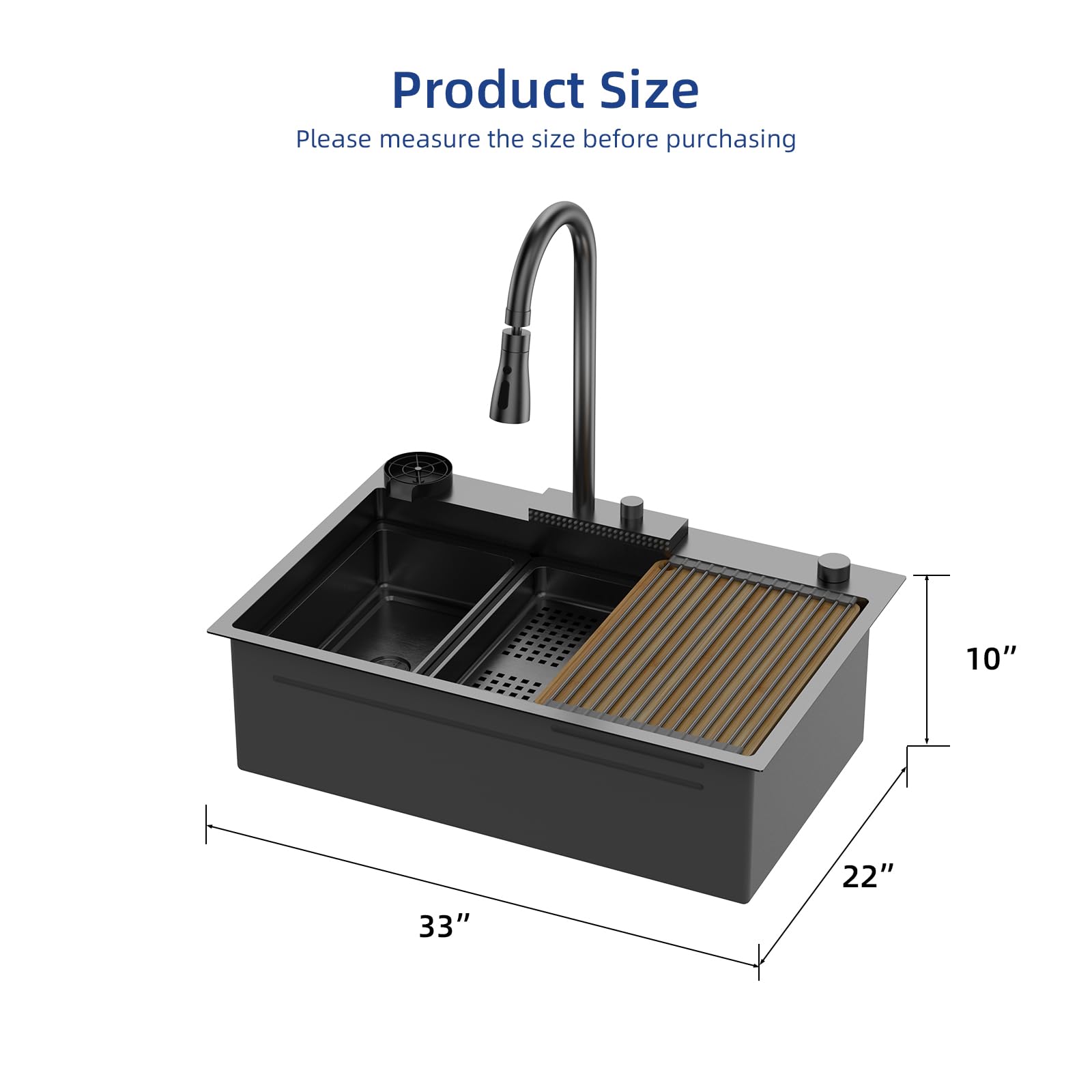 ROVSUN 33" x 22" Drop-in Waterfall Kitchen Sink with Left Drain Black