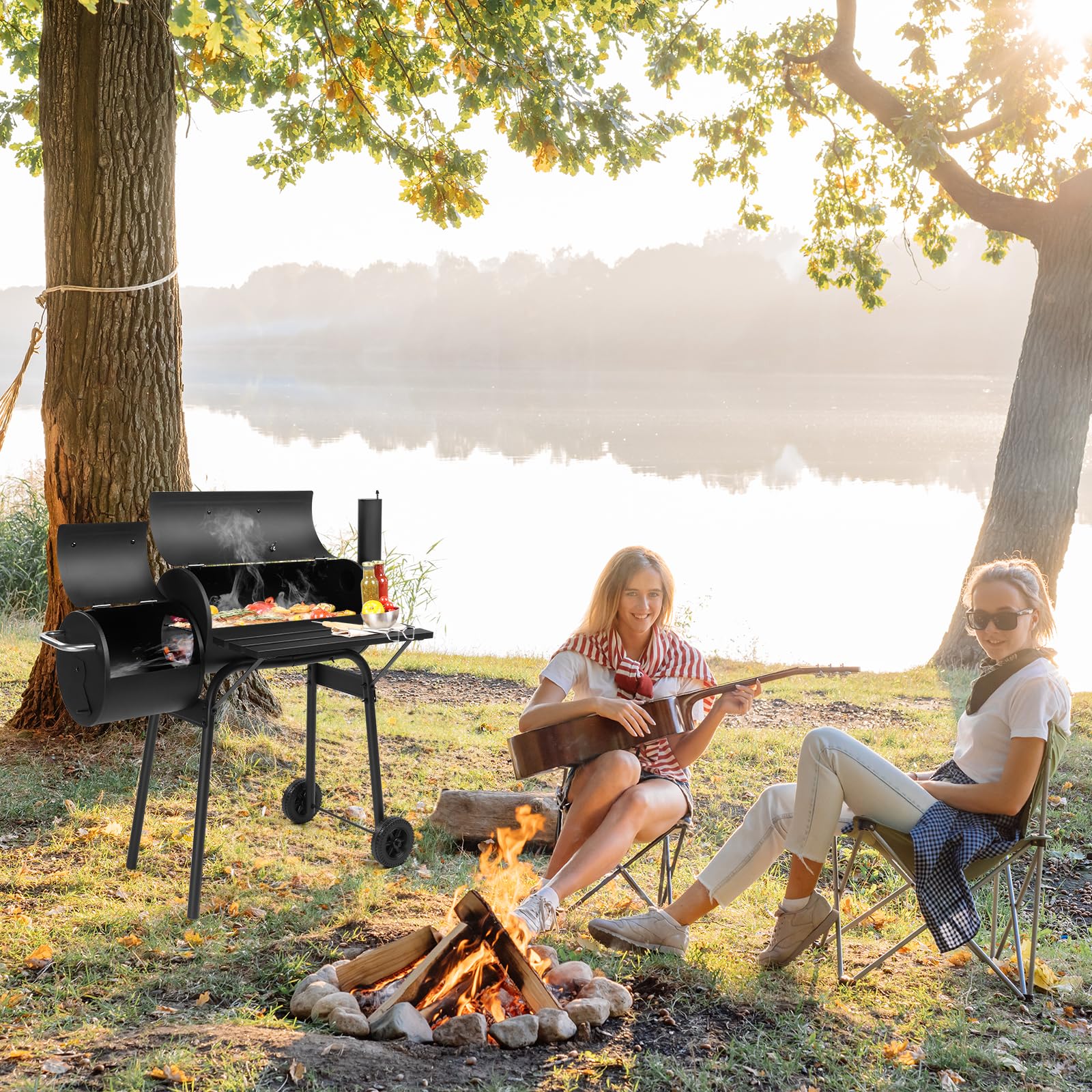 VINGLI Barrel Charcoal Grill with Offset Smoker