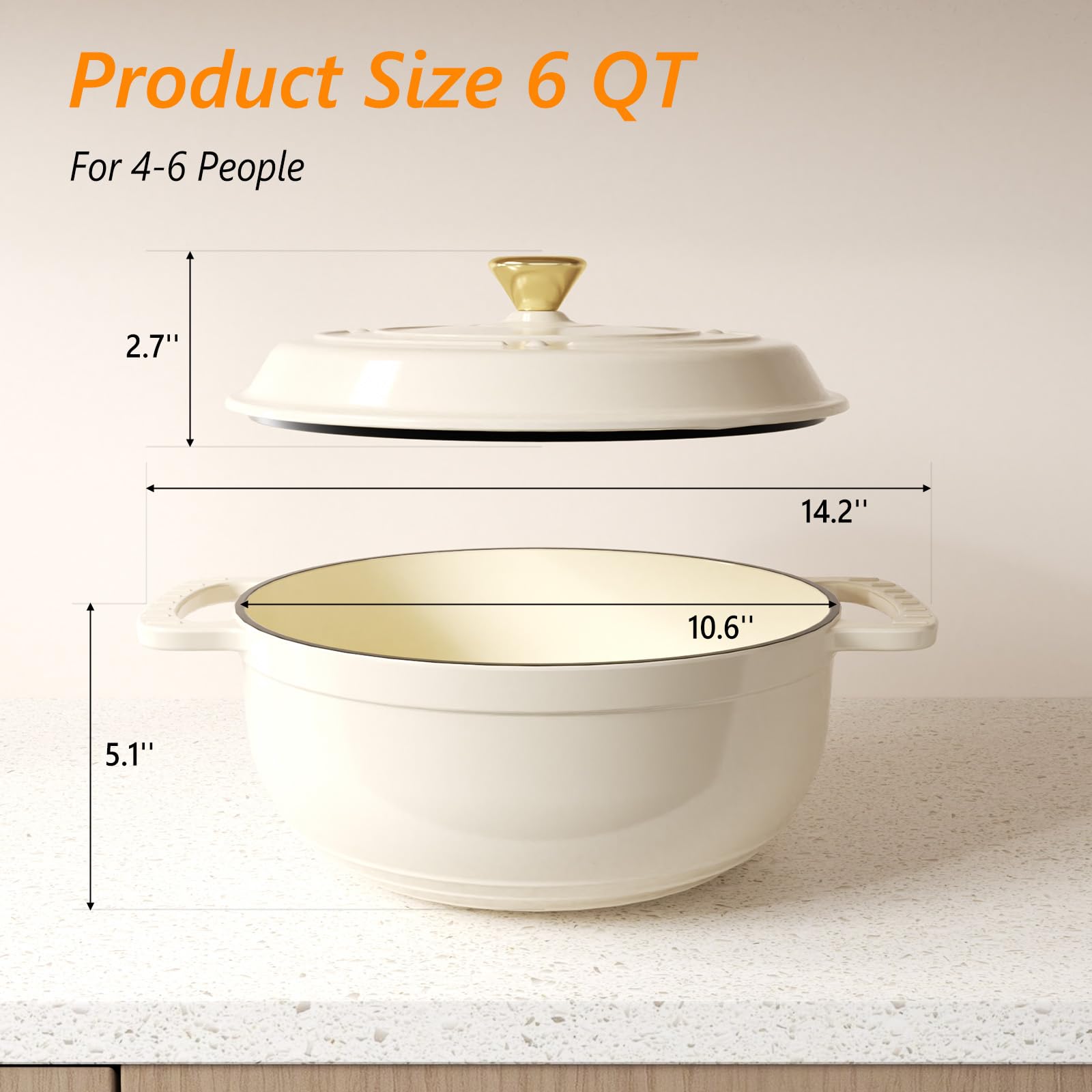 ROVSUN 6 QT Enameled Cast Iron Round Dutch Oven Cream White