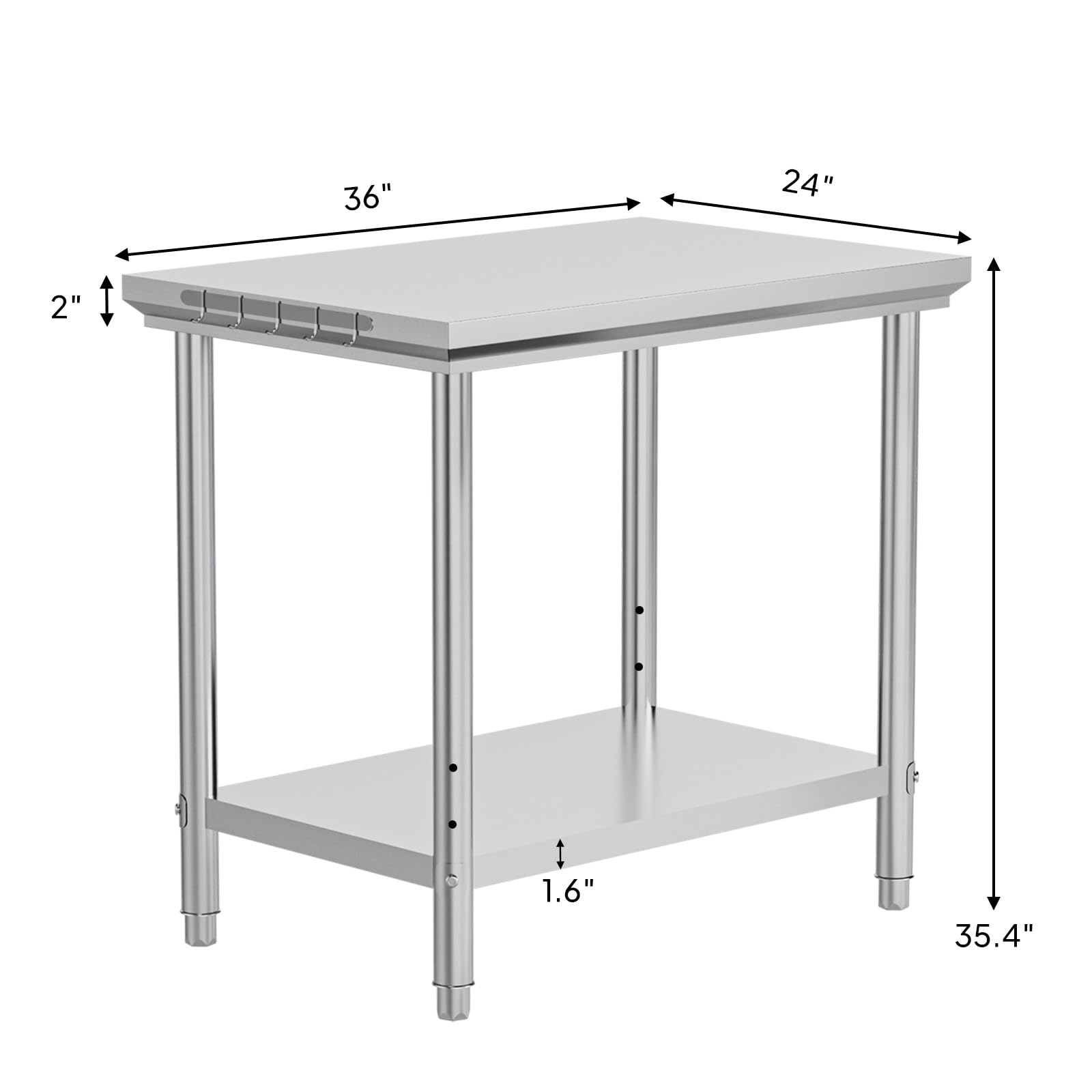 ROVSUN 36" x 24" Stainless Steel Table with Hooks & Undershelf